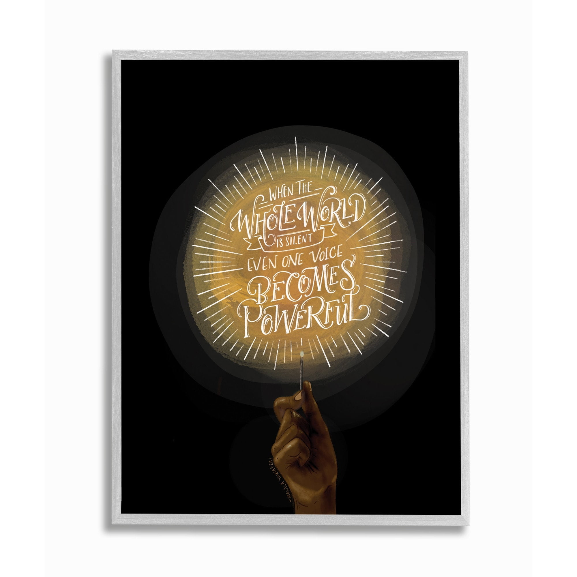 Stupell Industries When the World Is Silent Quote Lit Match Illustration Framed Wall Art Design by Rachel Nieman, 11" x 14", Gray Framed
