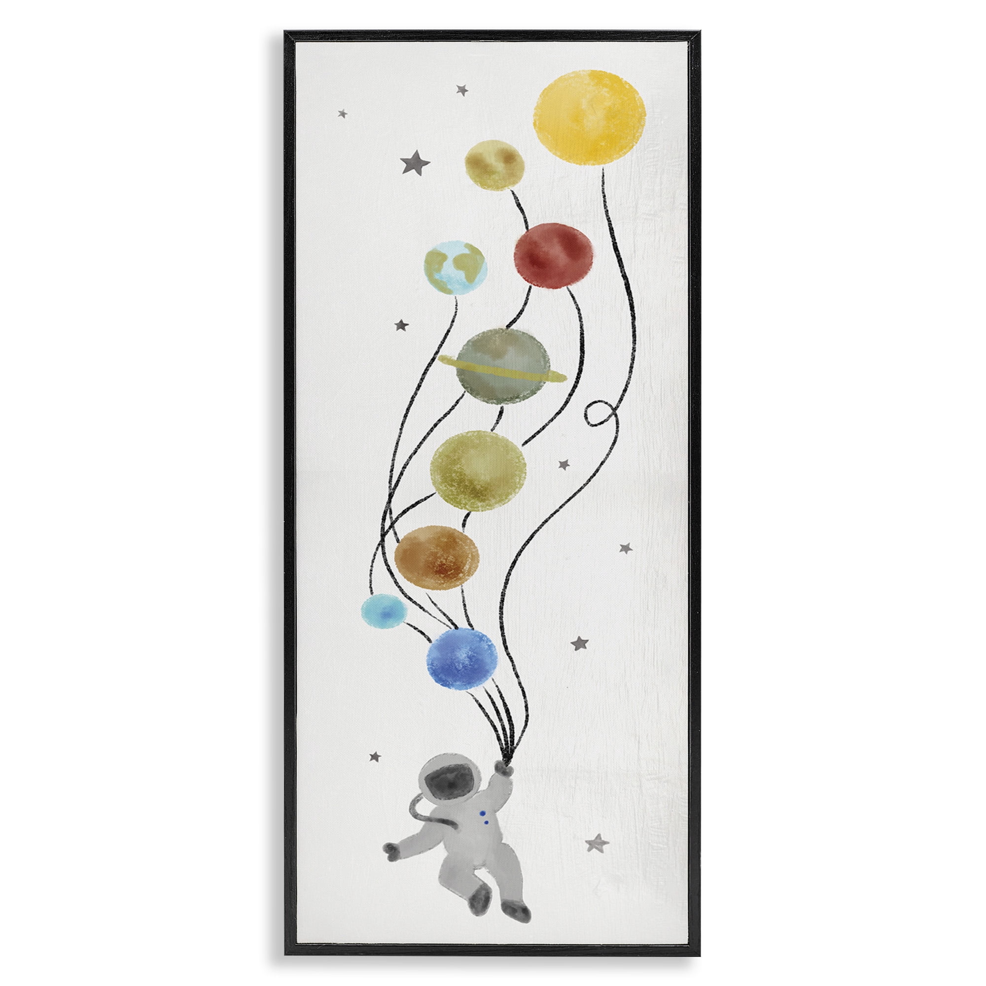 Stupell Industries Whimsical Astronaut Floating Balloon Abstract Painting Black Framed Art Print Wall Art, 10 x 24