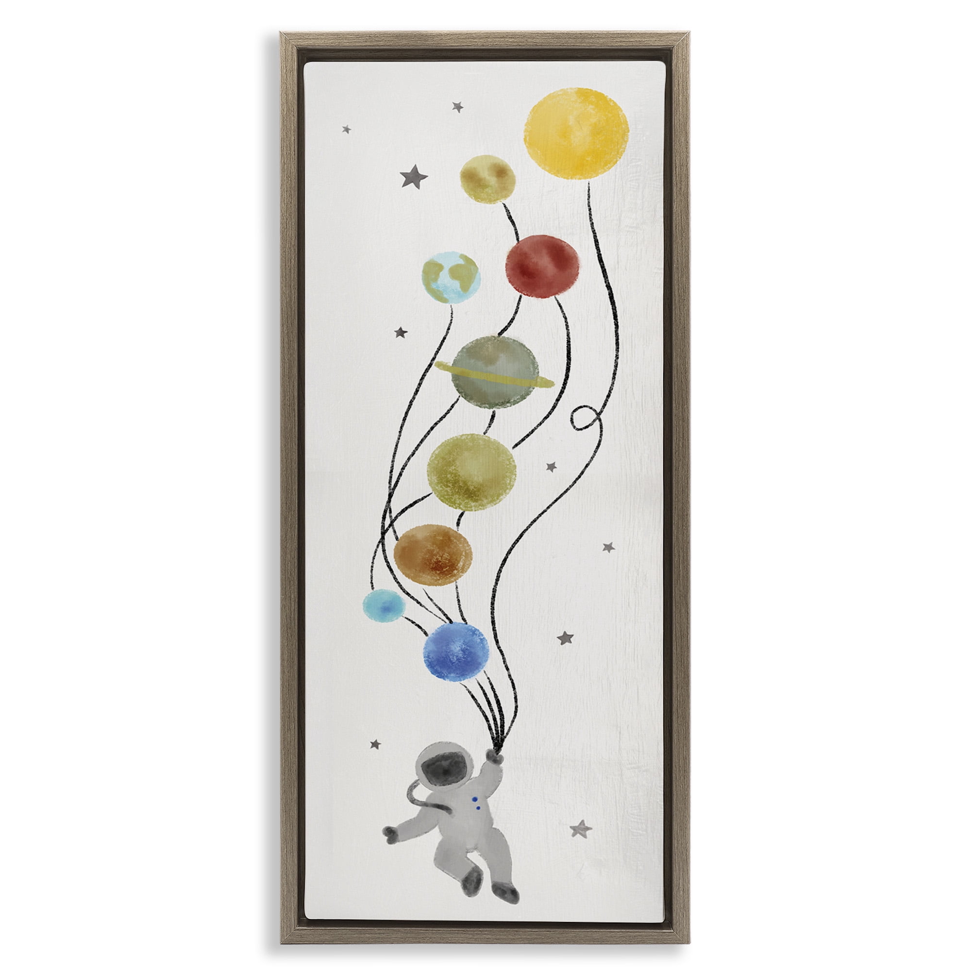 Stupell Industries Whimsical Astronaut Floating Balloon Abstract Painting Brown Floater Framed Canvas Art Print Wall Art, 11 x 25