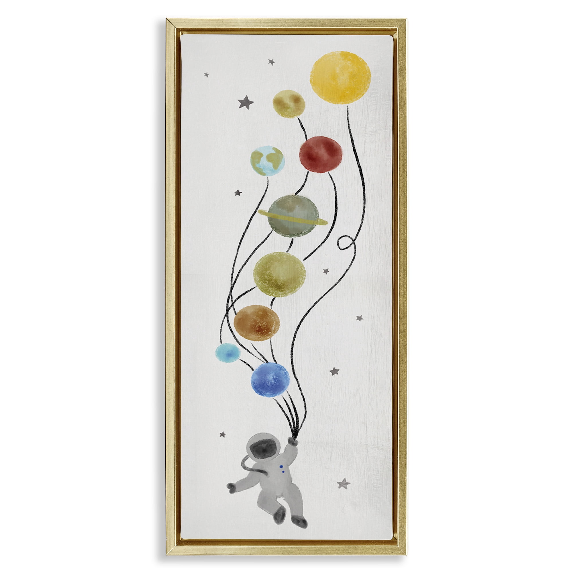 Stupell Industries Whimsical Astronaut Floating Balloon Abstract Painting Gold Floater Framed Canvas Art Print Wall Art, 15 x 31