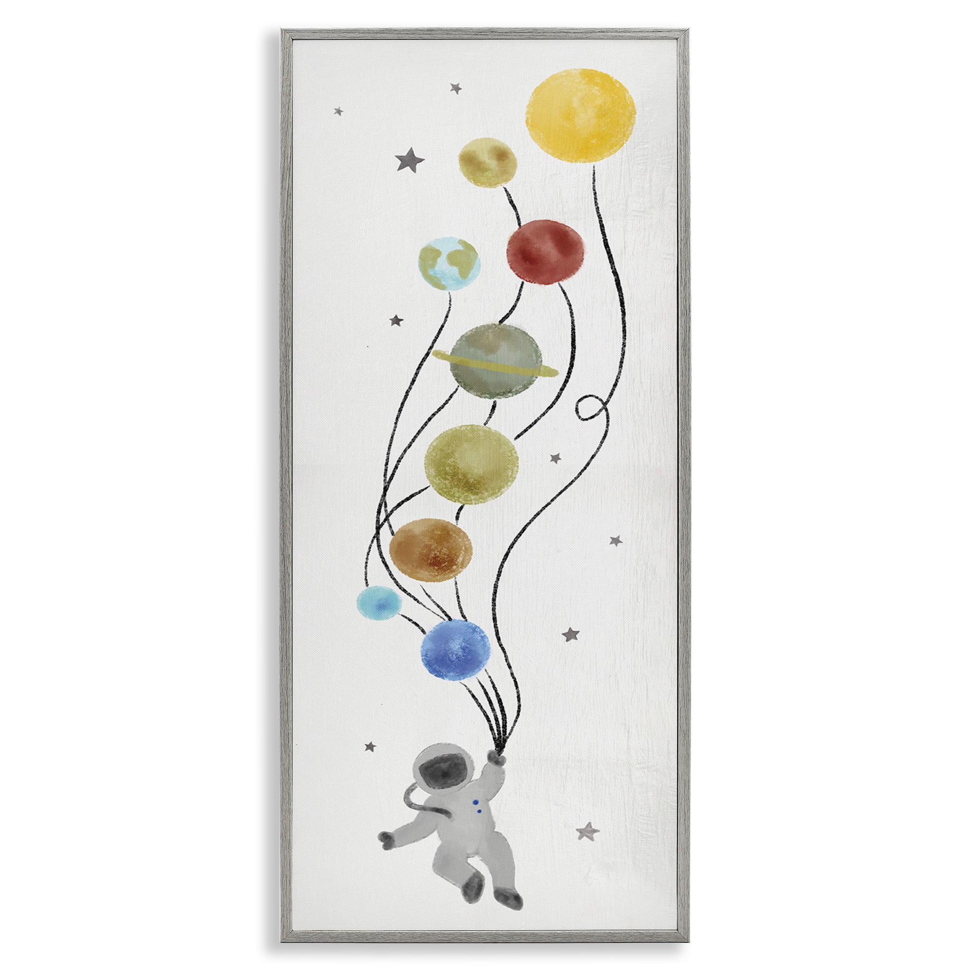 Stupell Industries Whimsical Astronaut Floating Balloon Abstract Painting Gray Framed Art Print Wall Art, 10 x 24