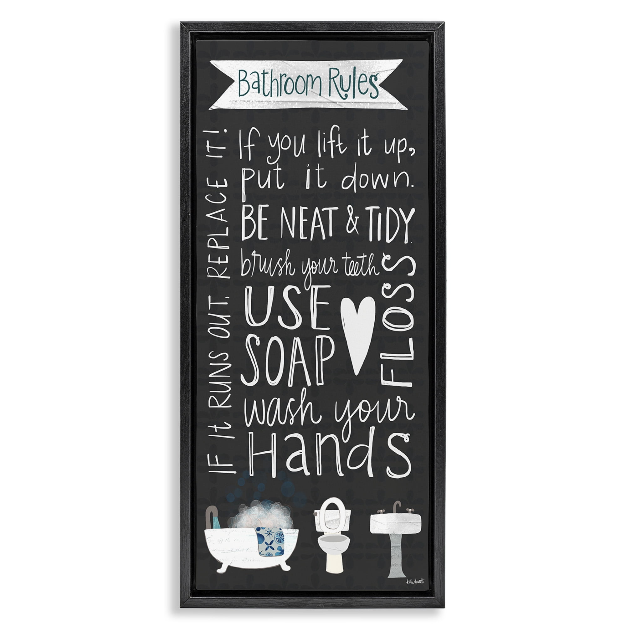 Stupell Industries Whimsical Bathroom Rules Sign Typography Painting Black Floater Framed Canvas Art Print Wall Art, 11 x 25