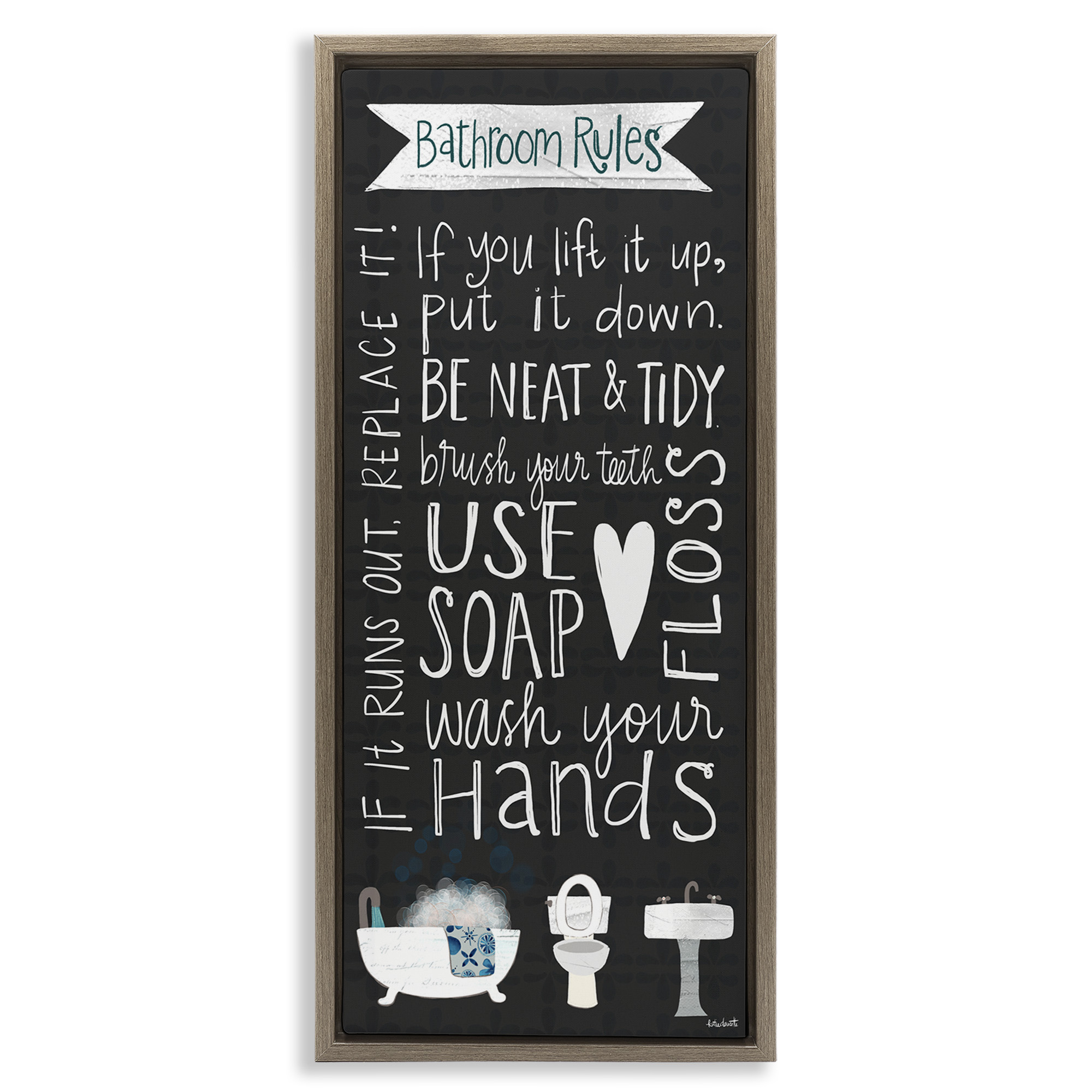 Stupell Industries Whimsical Bathroom Rules Sign Typography Painting Brown Floater Framed Canvas Art Print Wall Art, 15 x 31