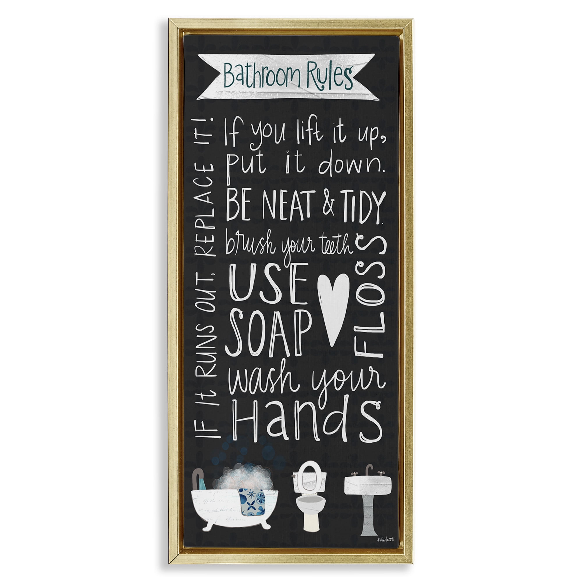 Stupell Industries Whimsical Bathroom Rules Sign Typography Painting Gold Floater Framed Canvas Art Print Wall Art, 15 x 31
