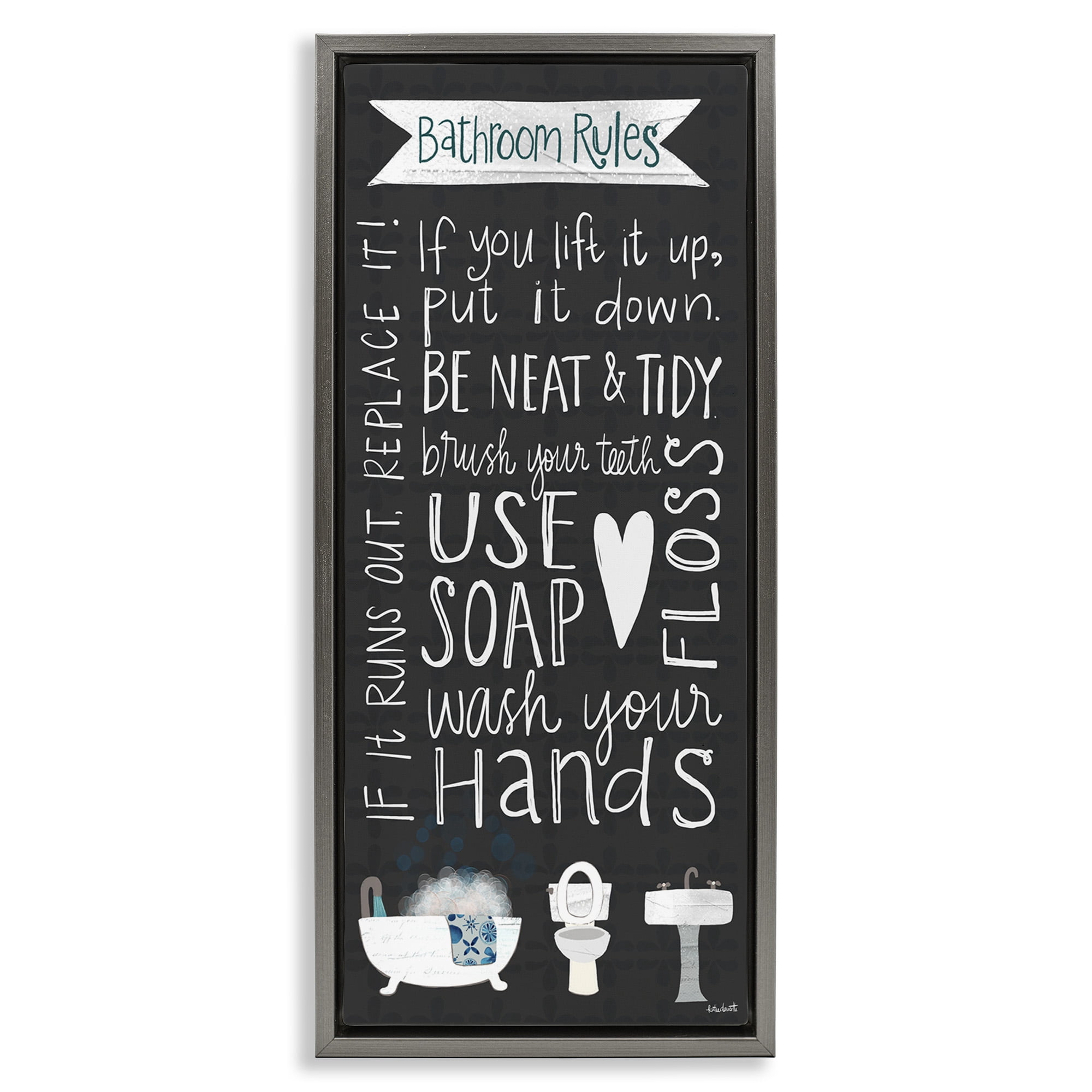 Stupell Industries Whimsical Bathroom Rules Sign Typography Painting Gray Floater Framed Canvas Art Print Wall Art, 11 x 25