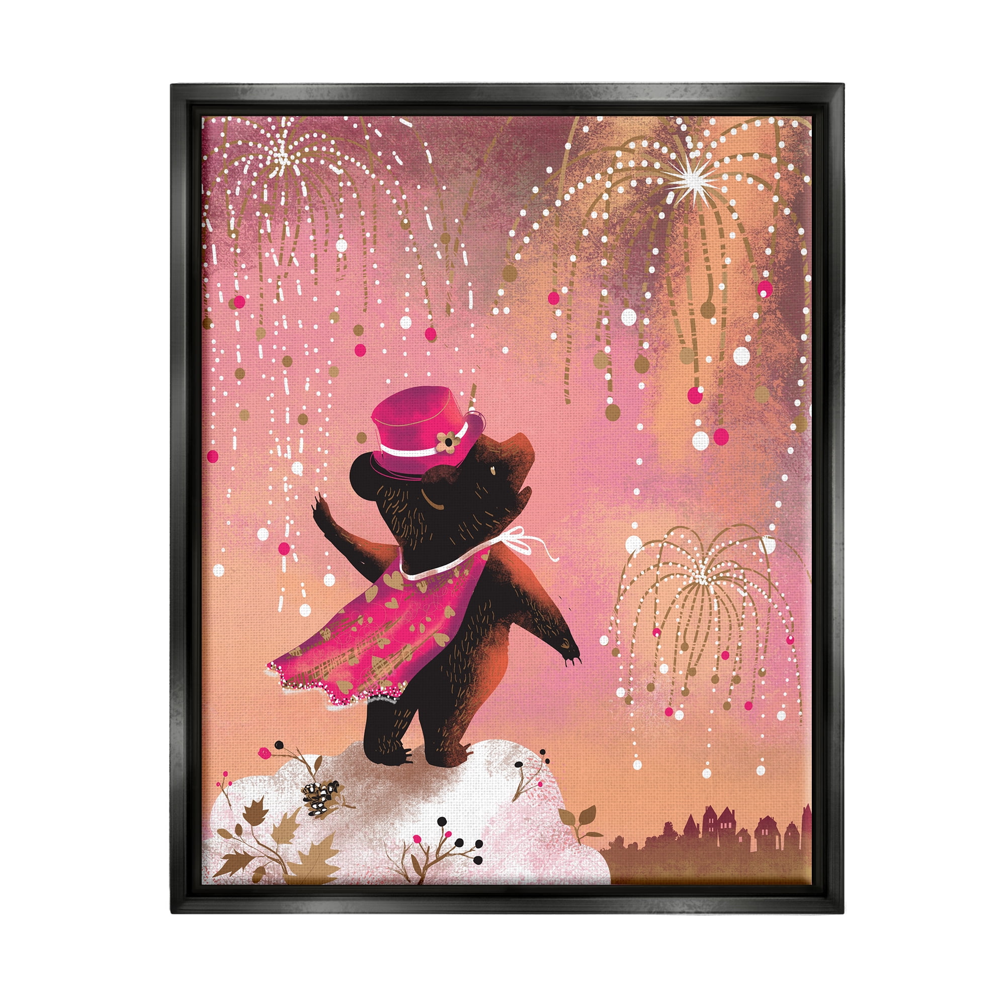 Stupell Industries Whimsical Bear with Fireworks Animals & Insects Painting Black Floater Framed Canvas Art Print Wall Art, 25 x 31