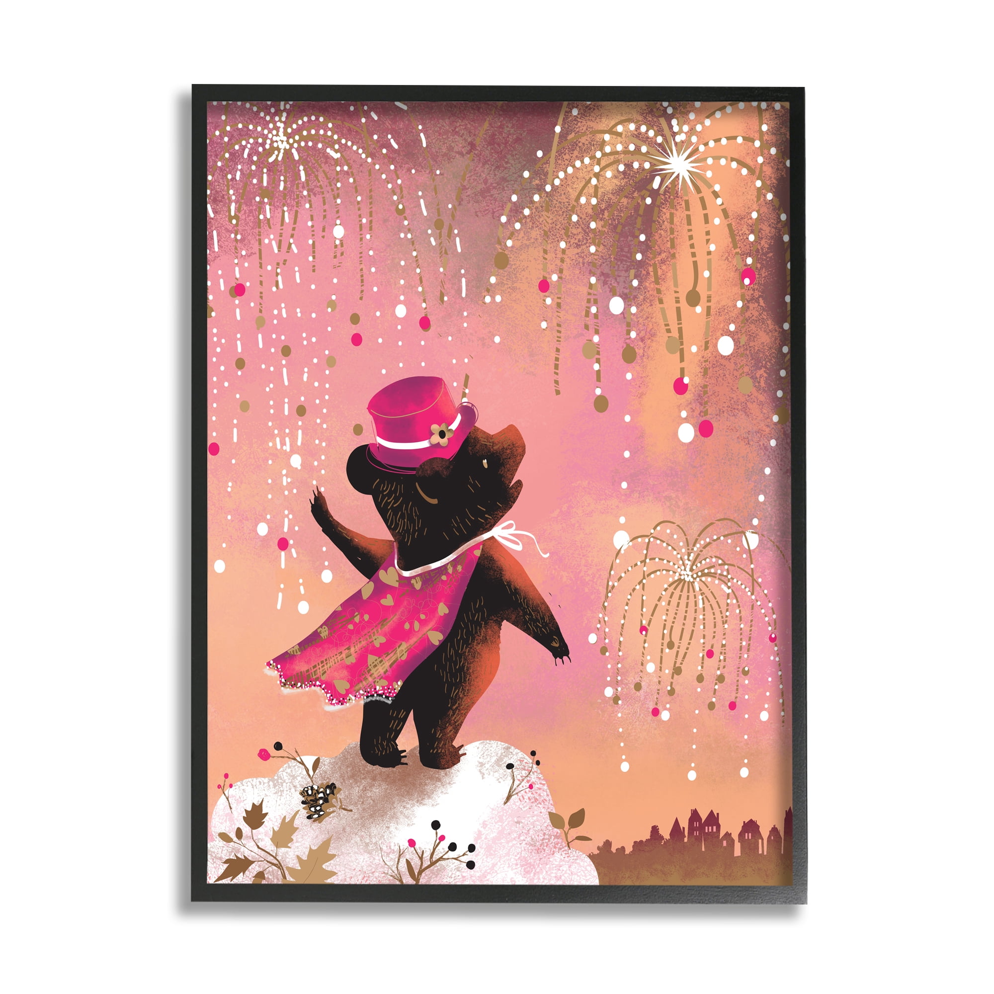 Stupell Industries Whimsical Bear with Fireworks Animals & Insects Painting Black Framed Art Print Wall Art, 16 x 20