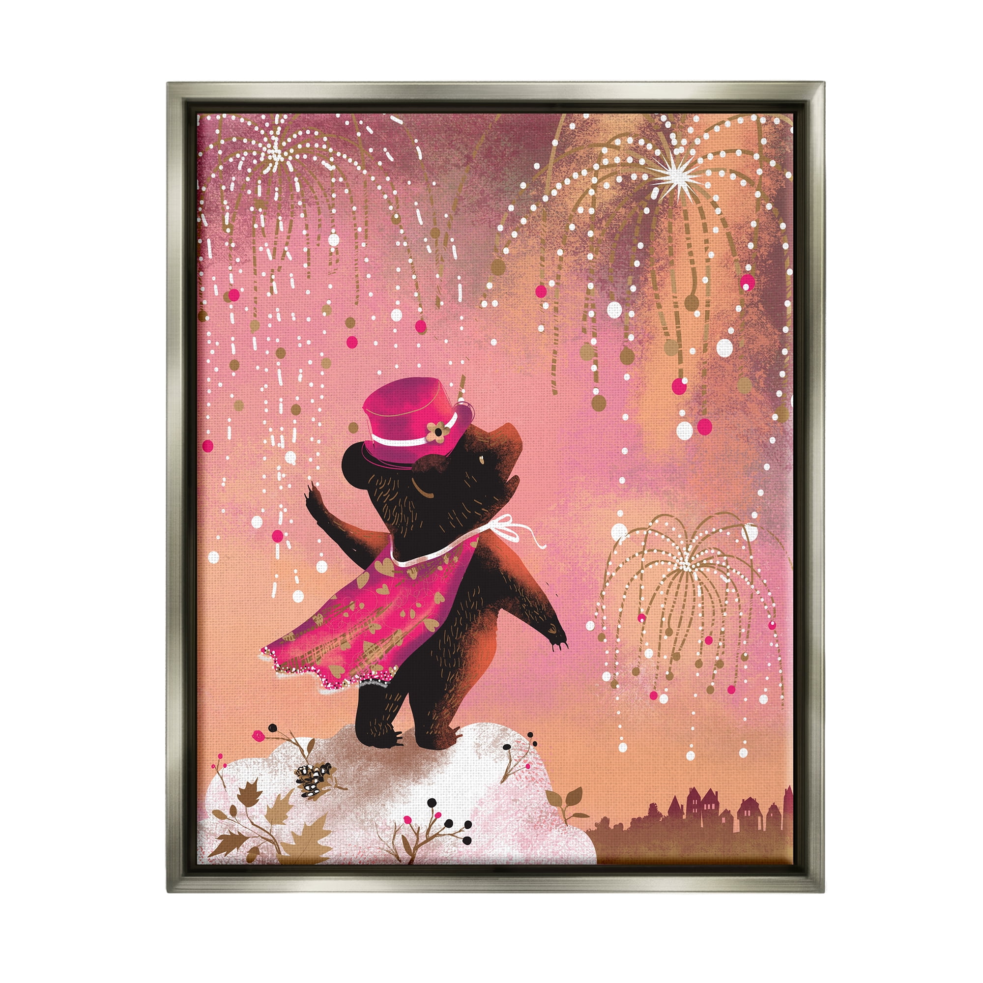 Stupell Industries Whimsical Bear with Fireworks Animals & Insects Painting Gray Floater Framed Canvas Art Print Wall Art, 17 x 21