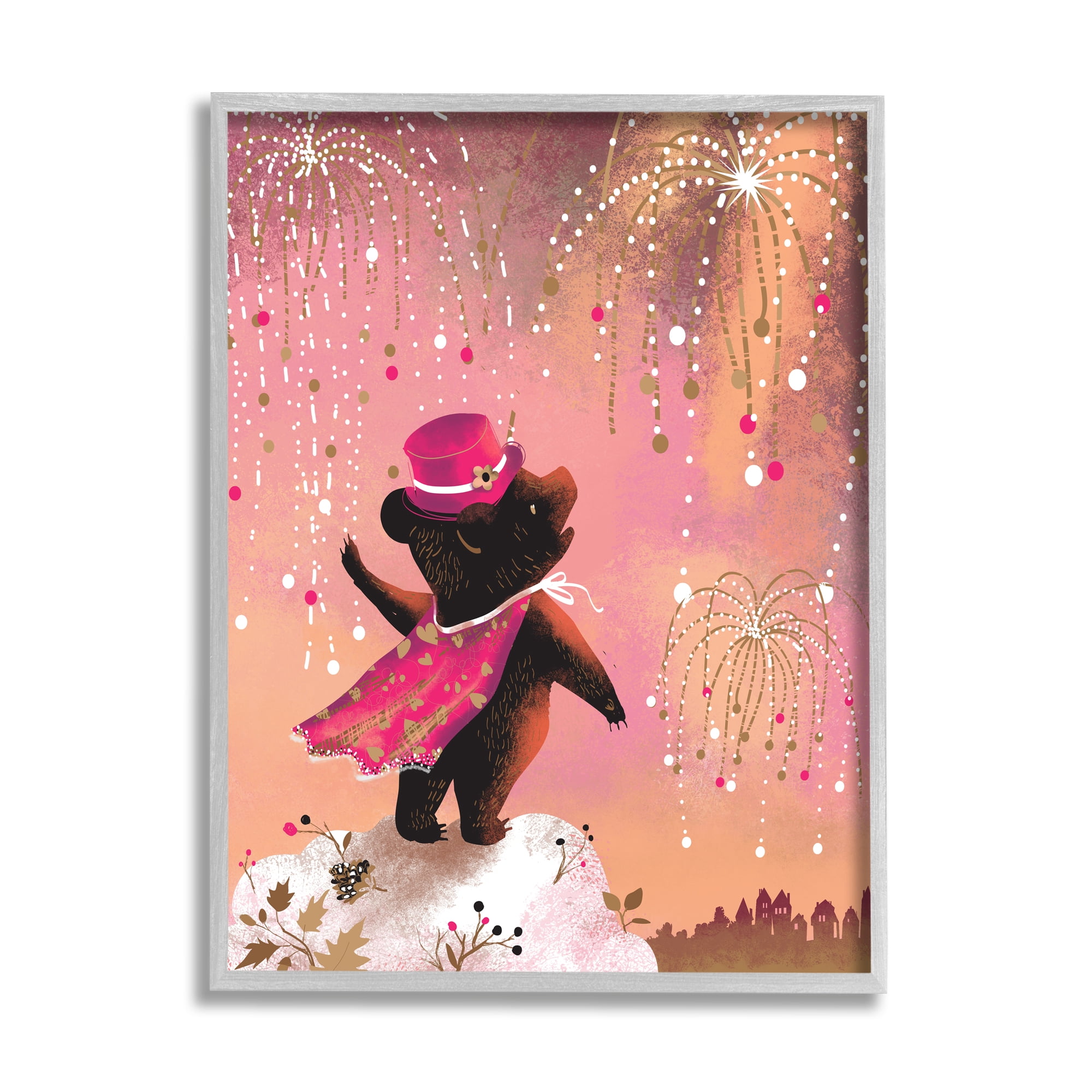 Stupell Industries Whimsical Bear with Fireworks Animals & Insects Painting Gray Framed Art Print Wall Art, 24 x 30