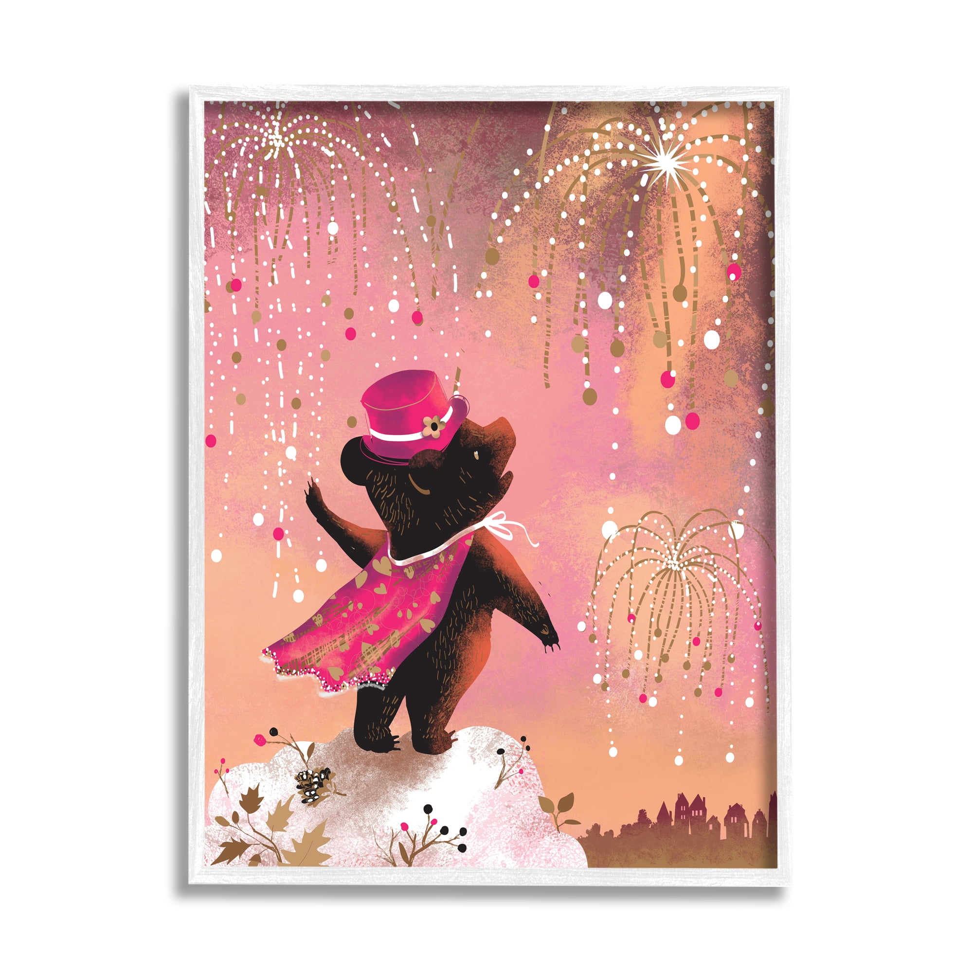 Stupell Industries Whimsical Bear with Fireworks Animals & Insects Painting White Framed Art Print Wall Art, 11 x 14