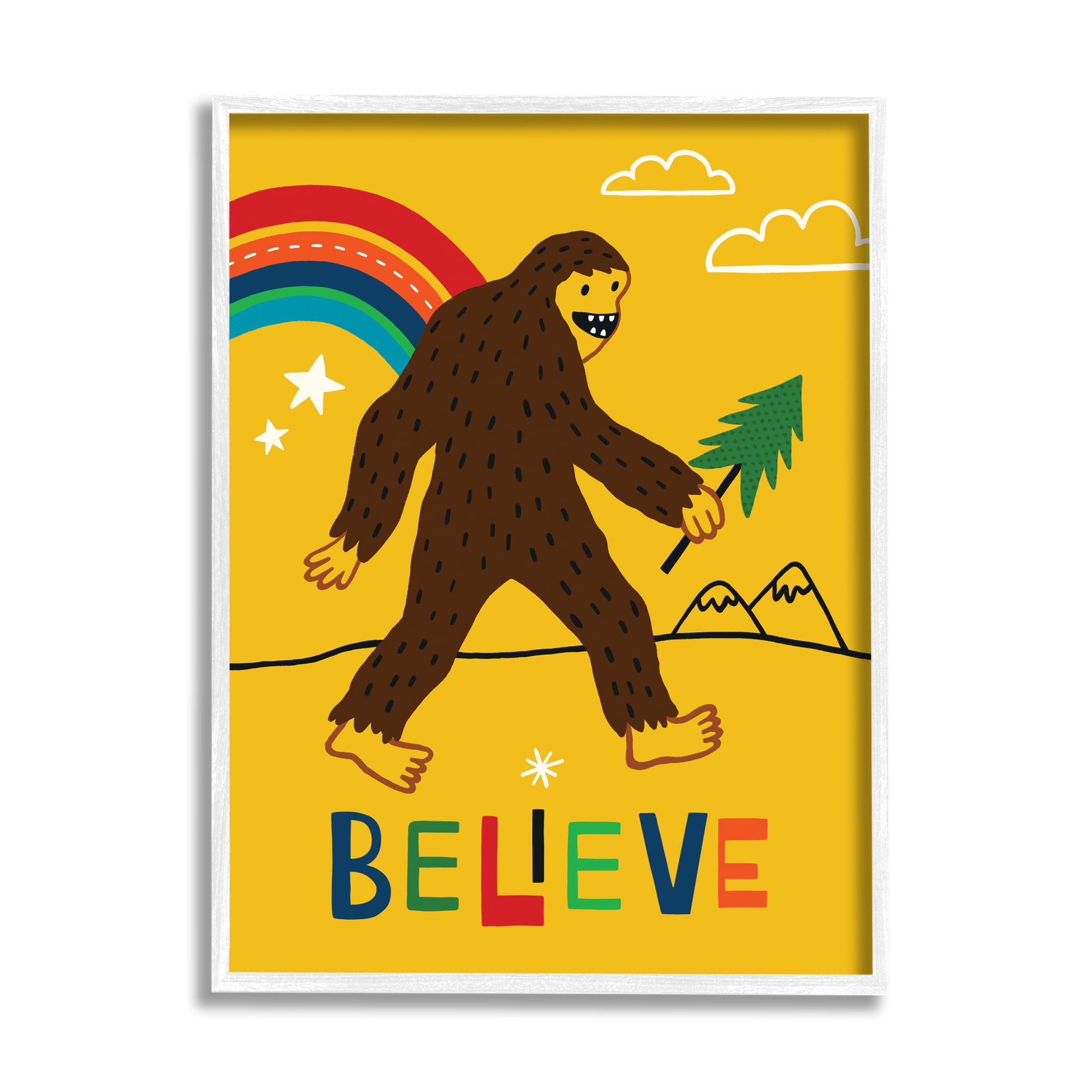 Stupell Industries Whimsical Believe Phrase Happy Smiling Big Foot Modern Painting White Framed Art Print Wall Art, 11 x 14, Design by Nina Seven