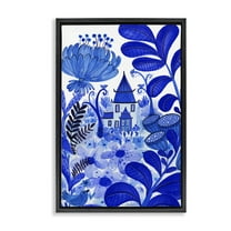Stupell Industries Whimsical Blue Folk Garden Architecture Painting Black Floater Framed Canvas Art Print Wall Art, 17 x 25