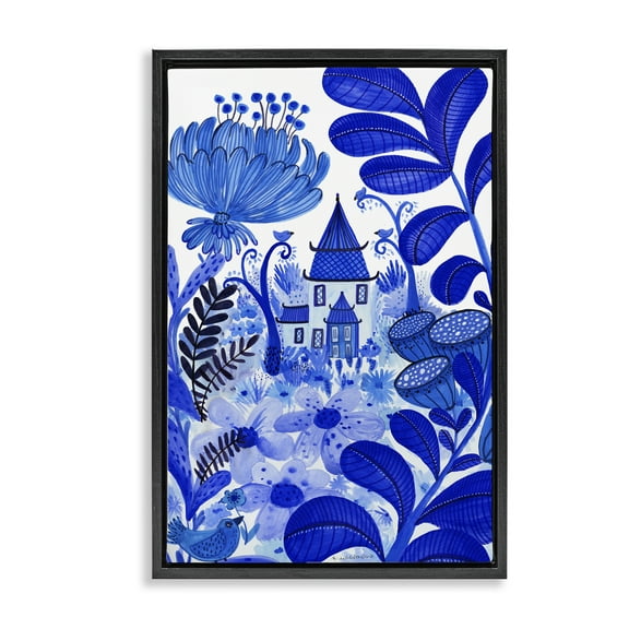 Stupell Industries Whimsical Blue Folk Garden Architecture Painting Black Floater Framed Canvas Art Print Wall Art, 17 x 25