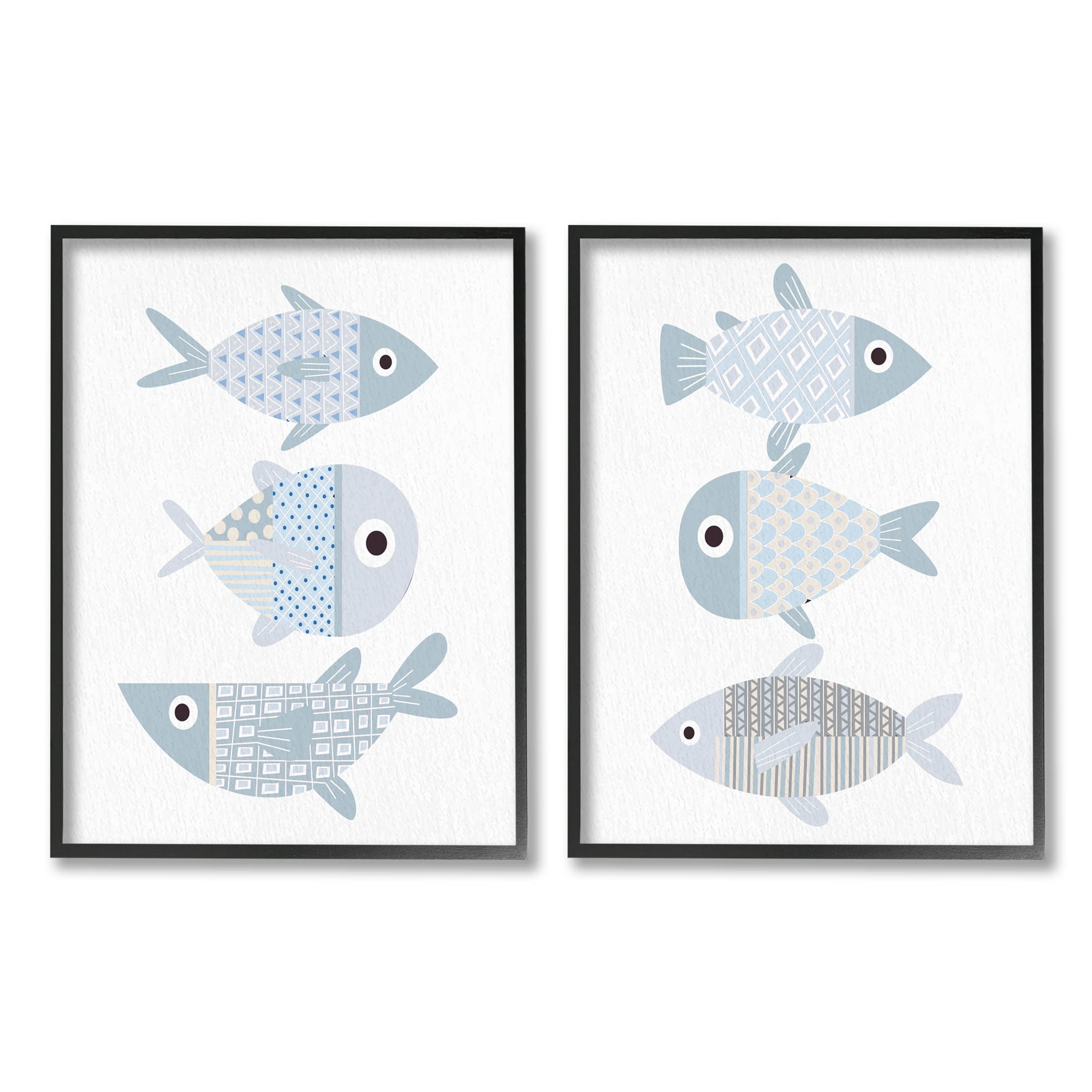 Stupell Industries Whimsical Blue Patterned Fish Graphic Art Black Framed Art Print Wall Art, Set of 2, Design by Kim Allen