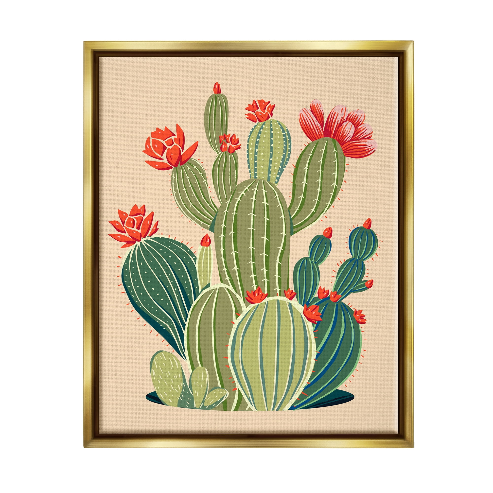 Stupell Industries Whimsical Cactus Flower Vegetation Botanical & Floral Painting Gold Floater Framed Art Print Wall Art