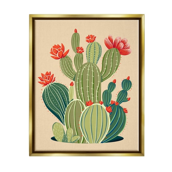 Stupell Industries Whimsical Cactus Flower Vegetation Botanical & Floral Painting Gold Floater Framed Art Print Wall Art