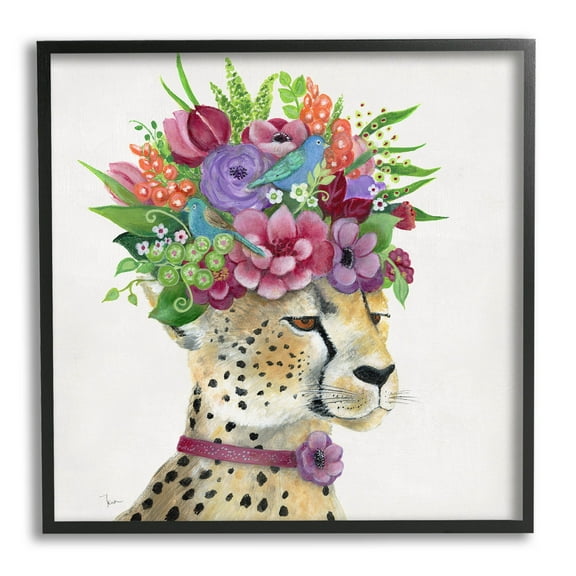 Stupell Industries Whimsical Cheetah Flower Crown Painting Black Framed Art Print Wall Art, Design by Tava Studios