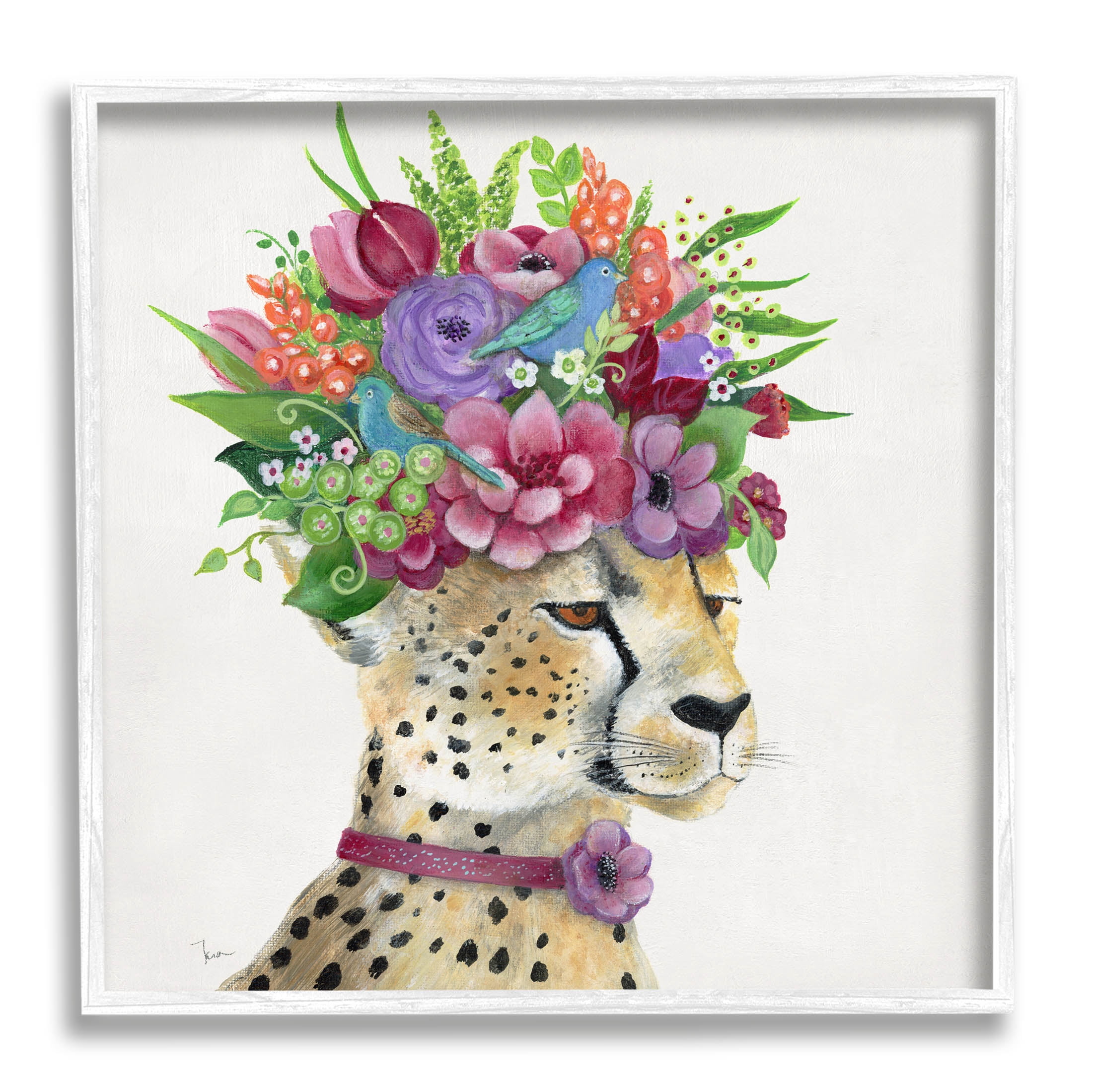 Stupell Industries Whimsical Cheetah Flower Crown Painting White Framed Art Print Wall Art, Design by Tava Studios