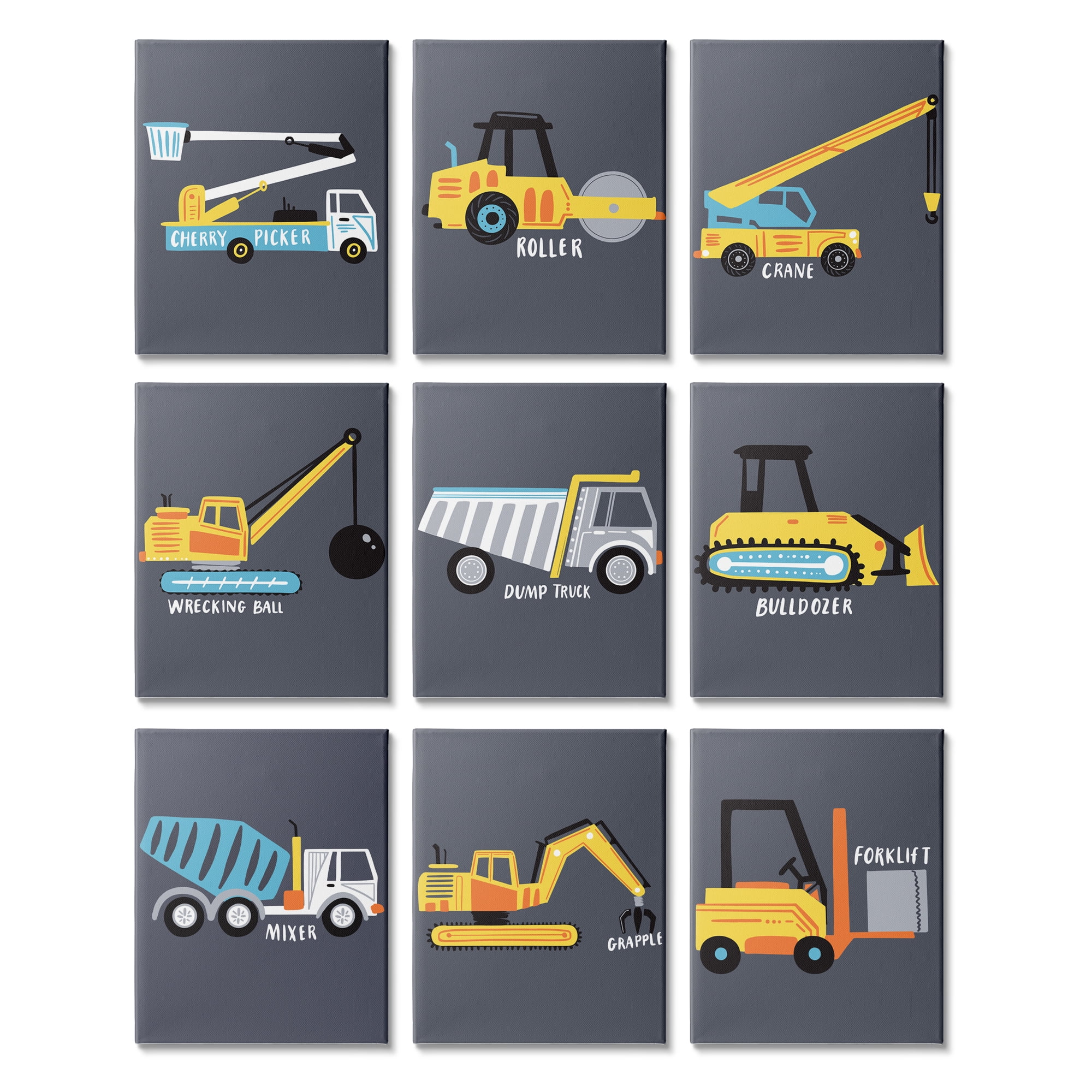Stupell Industries Whimsical Construction Vehicles Yellow Blue White Trucks,9pc, each 11 x 14,Designed by Arrolynn Weiderhold