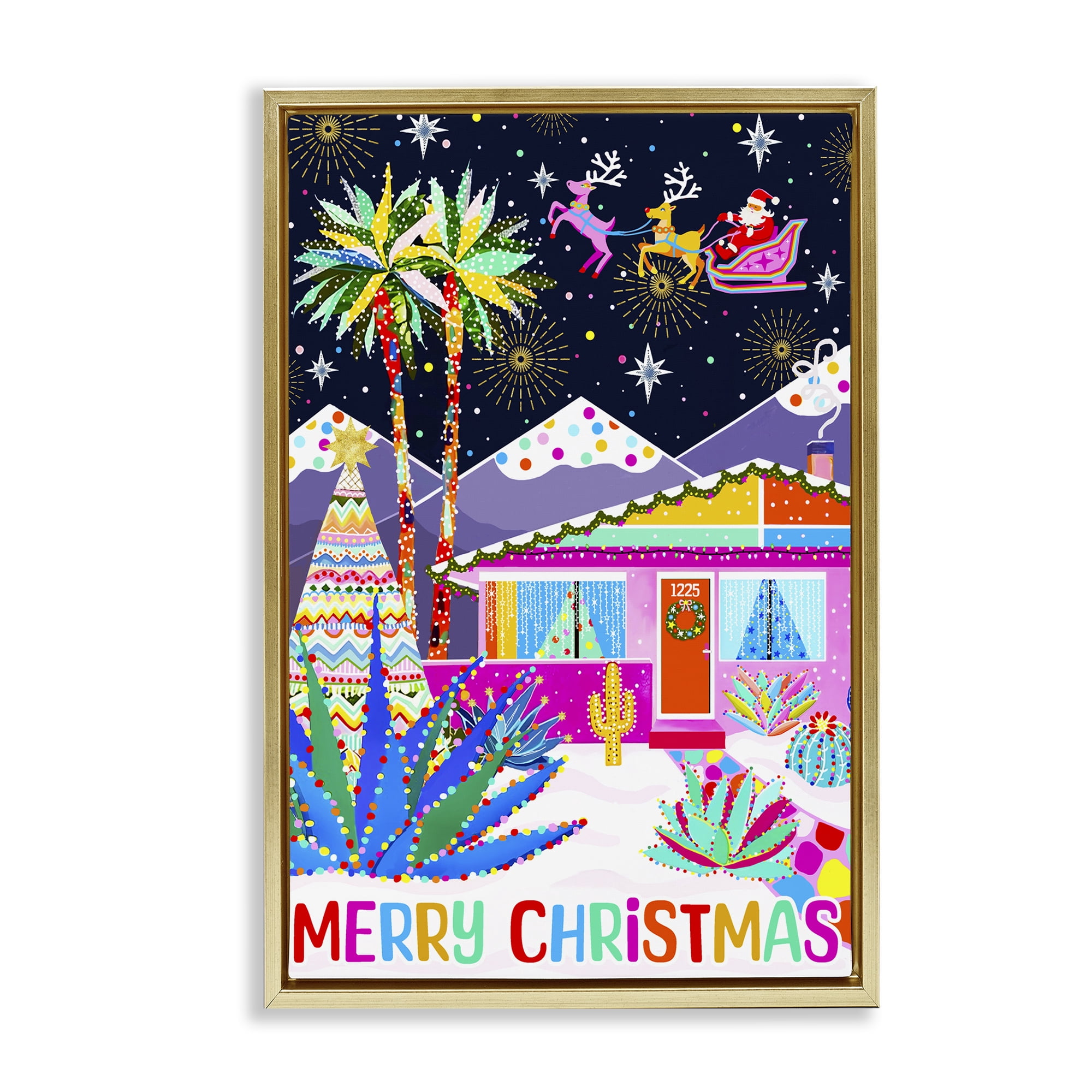 Stupell Industries Whimsical Desert Christmas Holiday Painting Gold Floater Framed Canvas Art Prints Wall Art, 21 x 31