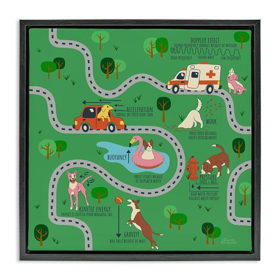Stupell Industries Whimsical Dogs Map Education Painting Black Floater Framed Canvas Art Print Wall Art, 18 x 18