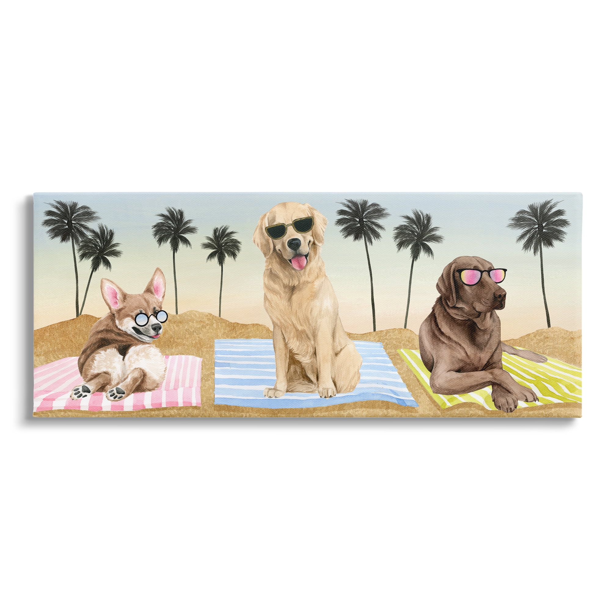 Stupell Industries Whimsical Dogs Sunglasses Beach Towels Palm Trees Canvas Wall Art, 24 x 10, Design by Grace Popp