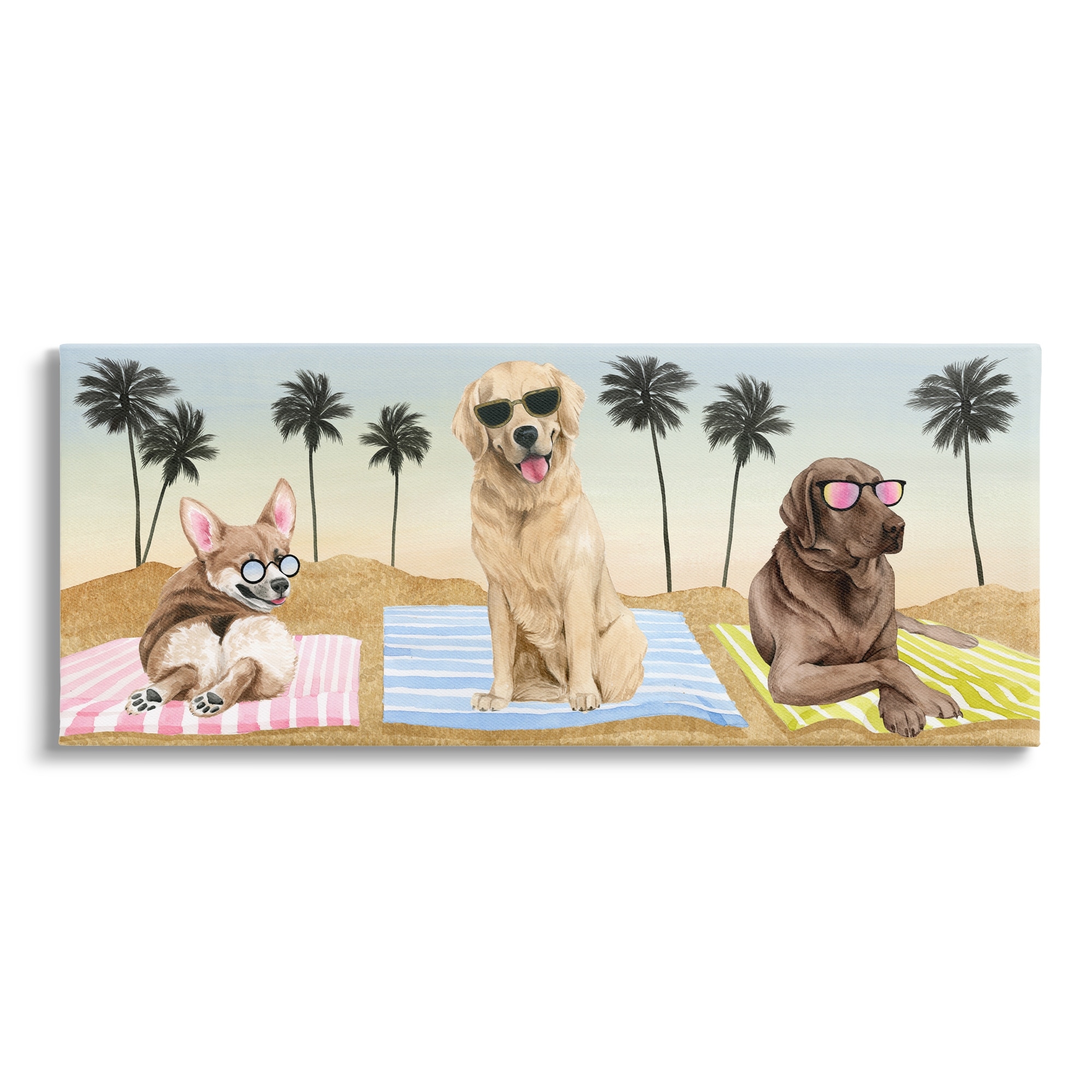 Stupell Industries Whimsical Dogs Sunglasses Beach Towels Palm Trees Canvas Wall Art, 48 x 20, Design by Grace Popp