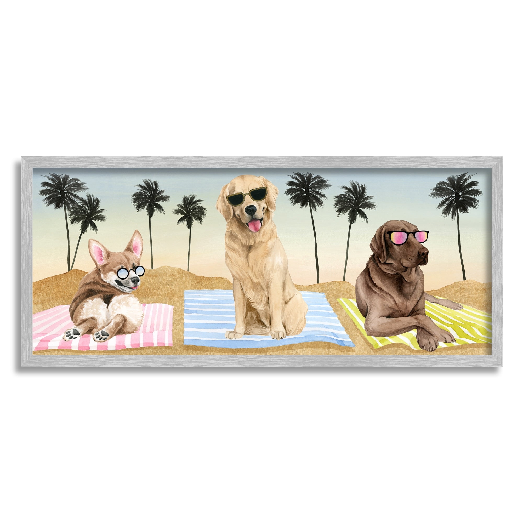 Stupell Industries Whimsical Dogs Sunglasses Beach Towels Palm Trees Framed Wall Art, 24 x 10, Design by Grace Popp