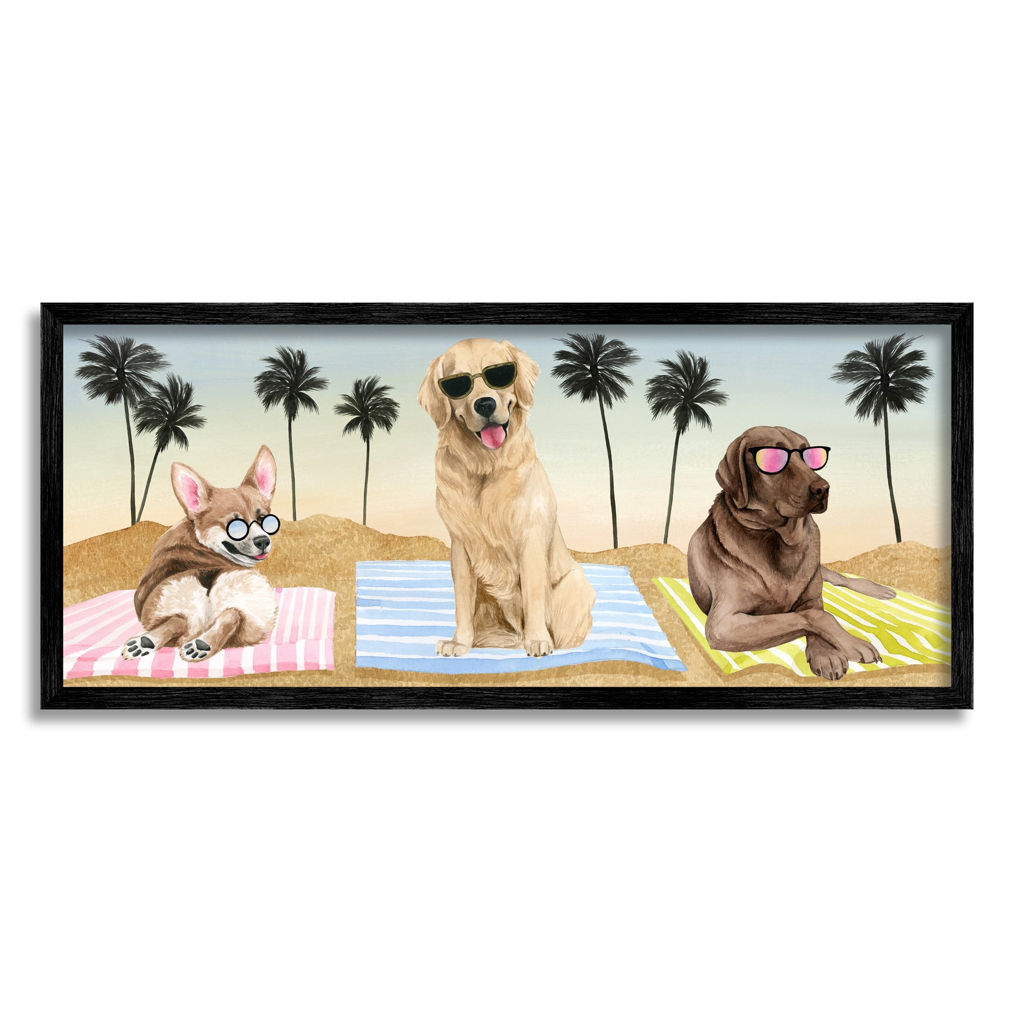 Stupell Industries Whimsical Dogs Sunglasses Beach Towels Palm Trees Framed Wall Art, 30 x 13, Design by Grace Popp