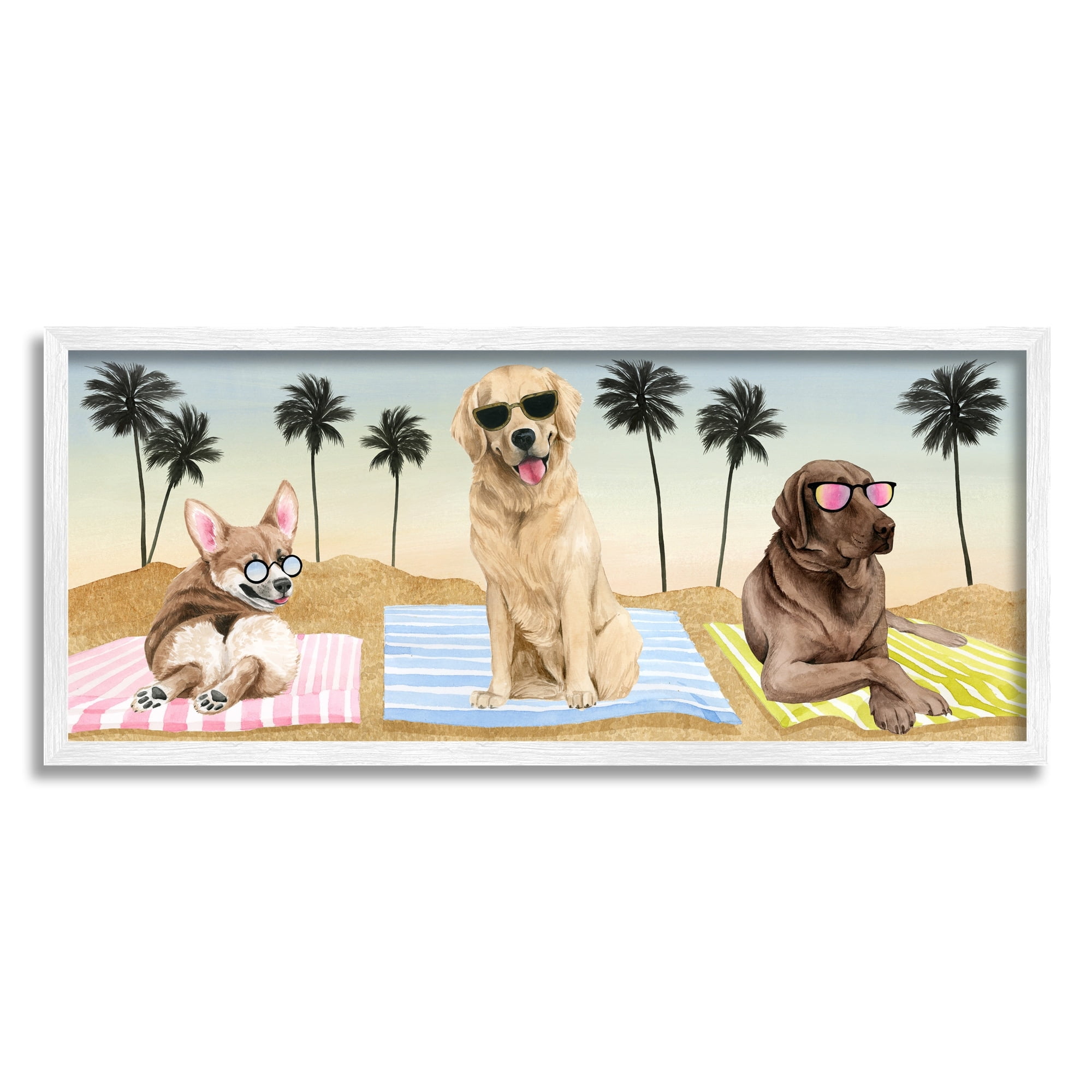 Stupell Industries Whimsical Dogs Sunglasses Beach Towels Palm Trees Framed Wall Art, 30 x 13, Design by Grace Popp