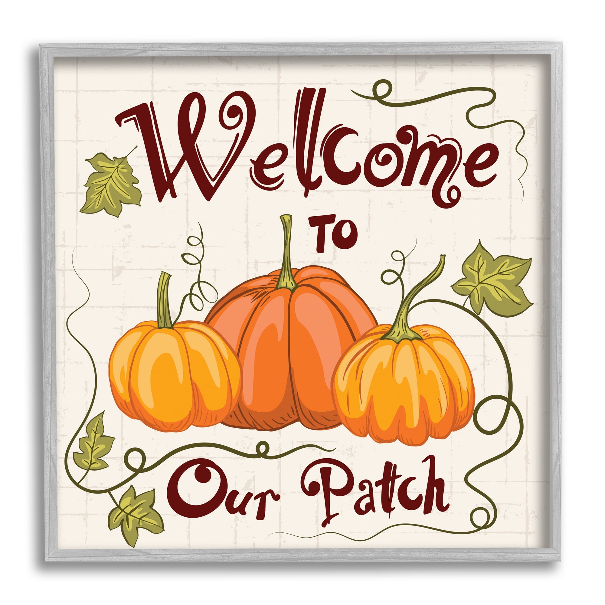 Stupell Industries Whimsical Fall Welcome Pumpkins Inspirational Painting Gray Framed Art Print Wall Art, 12 x 12