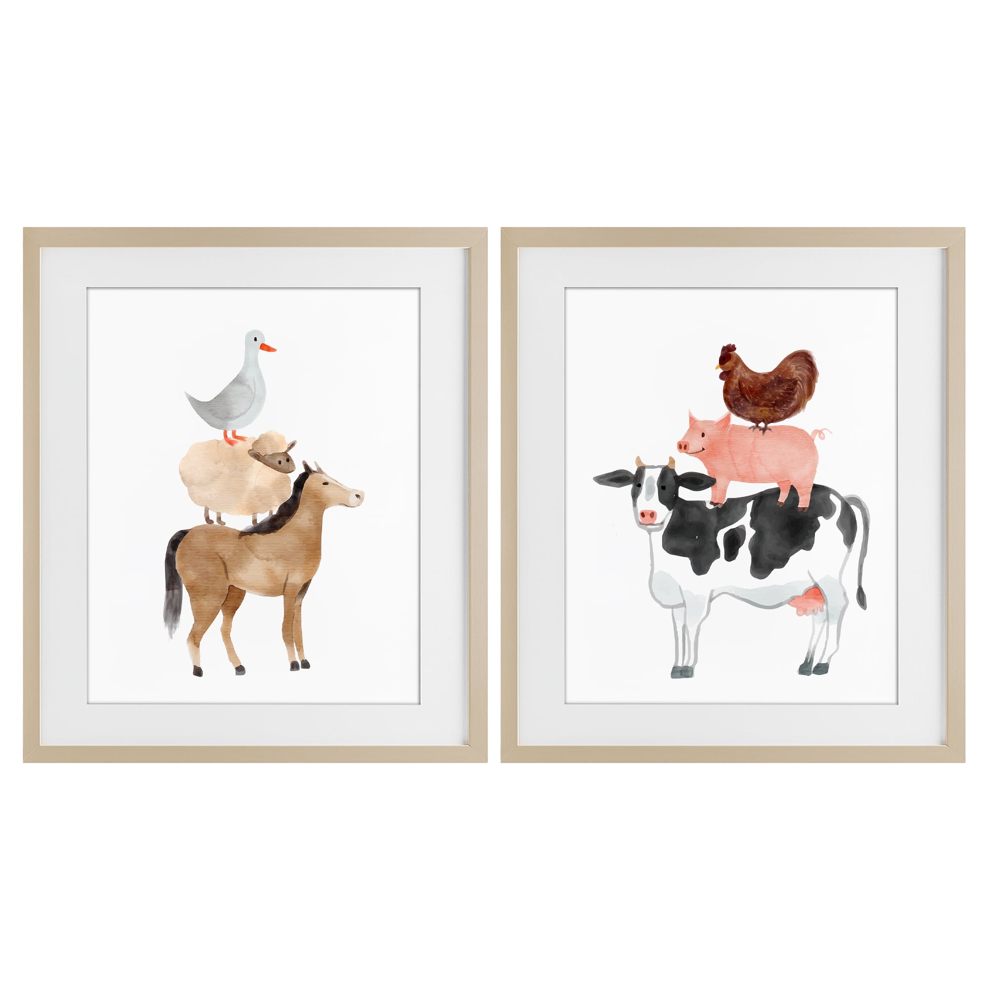 Stupell Industries Whimsical Farm Life Stacks 2 Piece Birch Framed Print Under Glass Set, design by Kim Allen