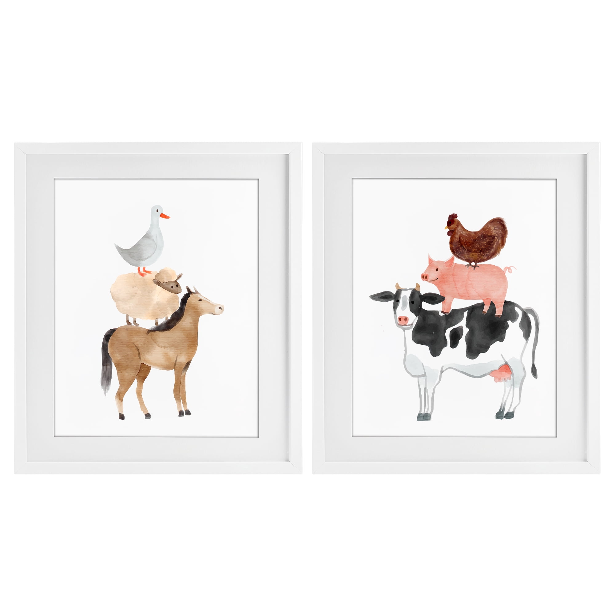 Stupell Industries Whimsical Farm Life Stacks 2 Piece White Framed Print Under Glass Set, design by Kim Allen