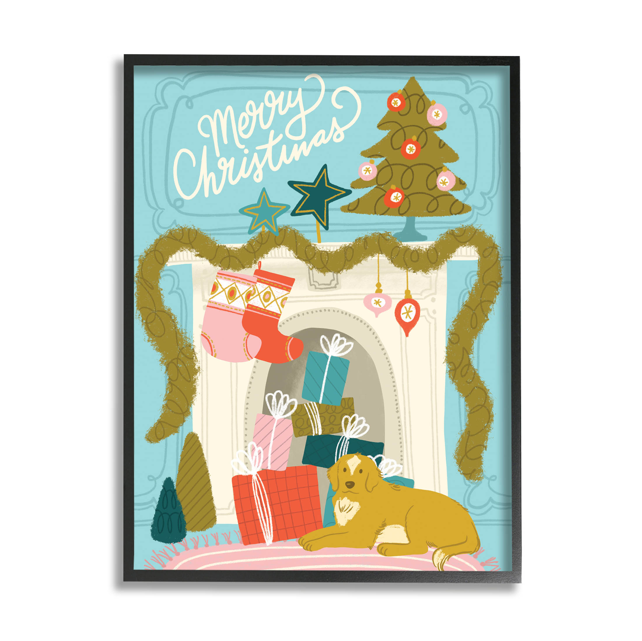 Stupell Industries Whimsical Fireplace Merry Christmas Graphic Art Black Framed Art Print Wall Art, Design by Kristina Hultkrantz