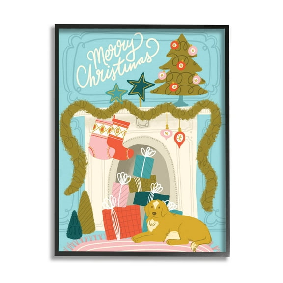 Stupell Industries Whimsical Fireplace Merry Christmas Graphic Art Black Framed Art Print Wall Art, Design by Kristina Hultkrantz
