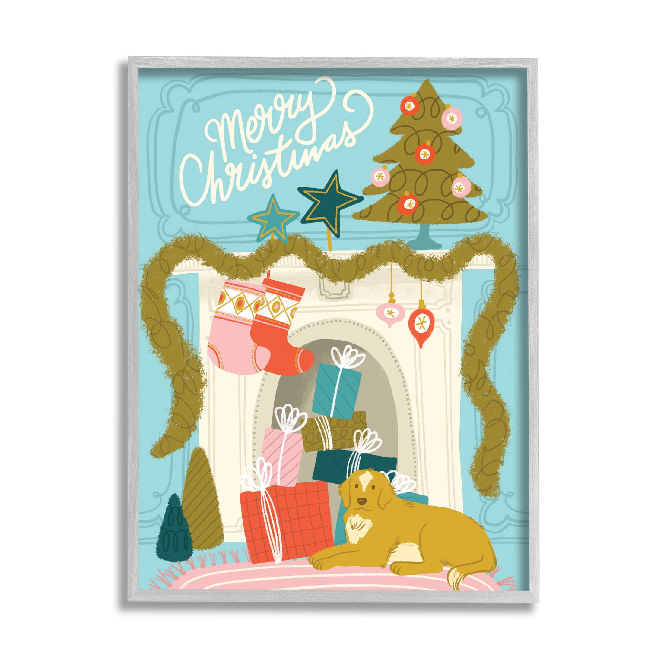 Stupell Industries Whimsical Fireplace Merry Christmas Graphic Art Gray Framed Art Print Wall Art, Design by Kristina Hultkrantz