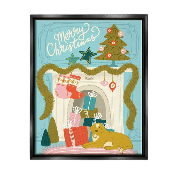 Stupell Industries Whimsical Fireplace Merry Christmas Graphic Art Jet Black Floating Framed Canvas Print Wall Art, Design by Kristina Hultkrantz