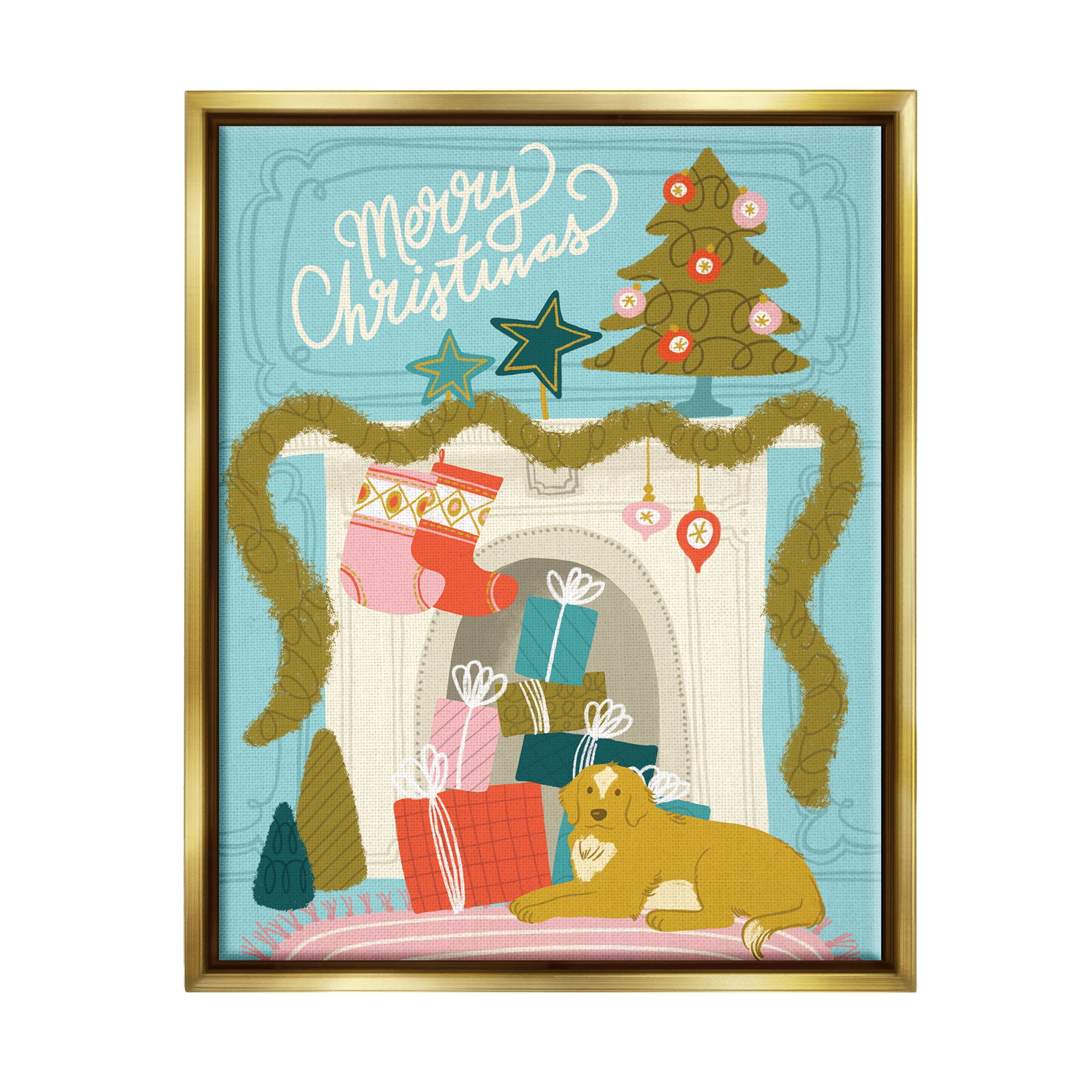 Stupell Industries Whimsical Fireplace Merry Christmas Graphic Art Metallic Gold Floating Framed Canvas Print Wall Art, Design by Kristina Hultkrantz