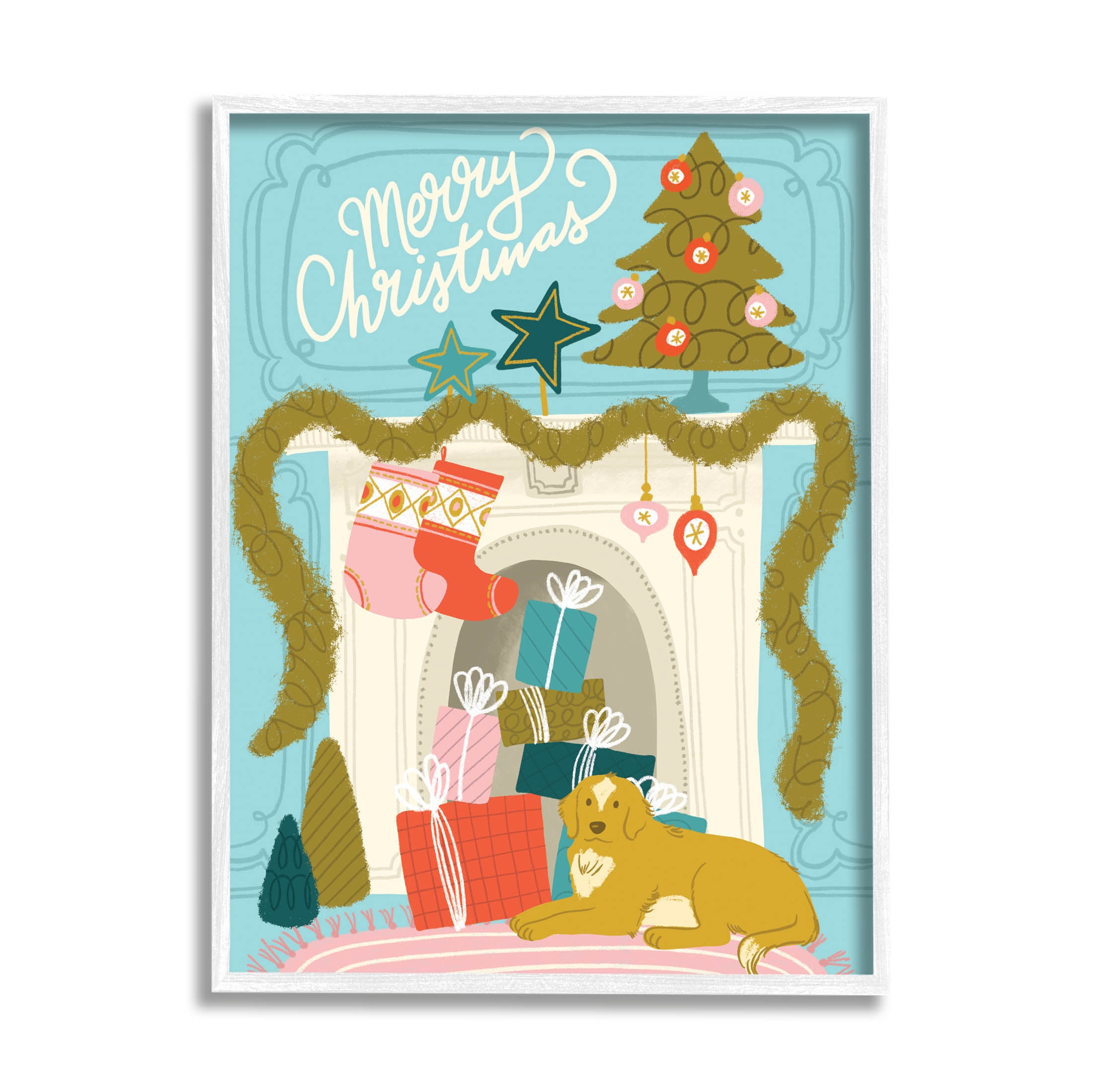 Stupell Industries Whimsical Fireplace Merry Christmas Graphic Art White Framed Art Print Wall Art, Design by Kristina Hultkrantz