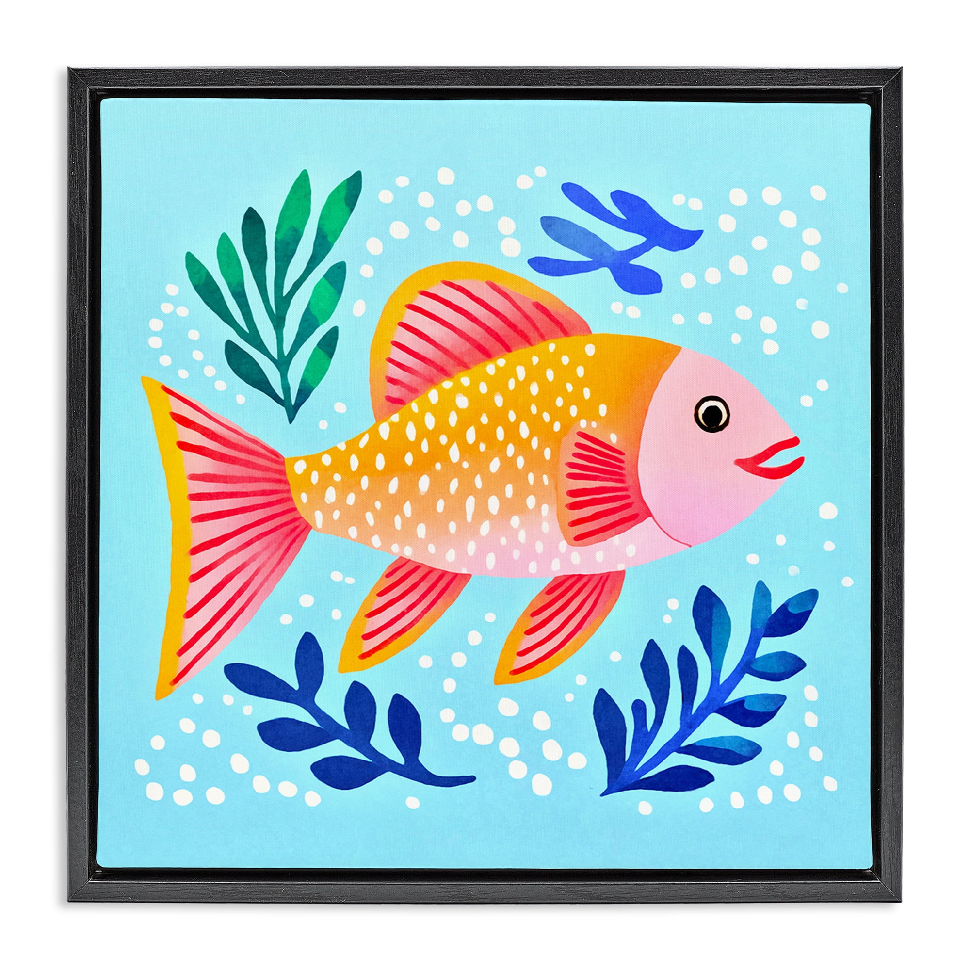 Stupell Industries Whimsical Fish & Seaweed Animals Painting Black Floater Framed Canvas Art Print Wall Art, 25 x 25