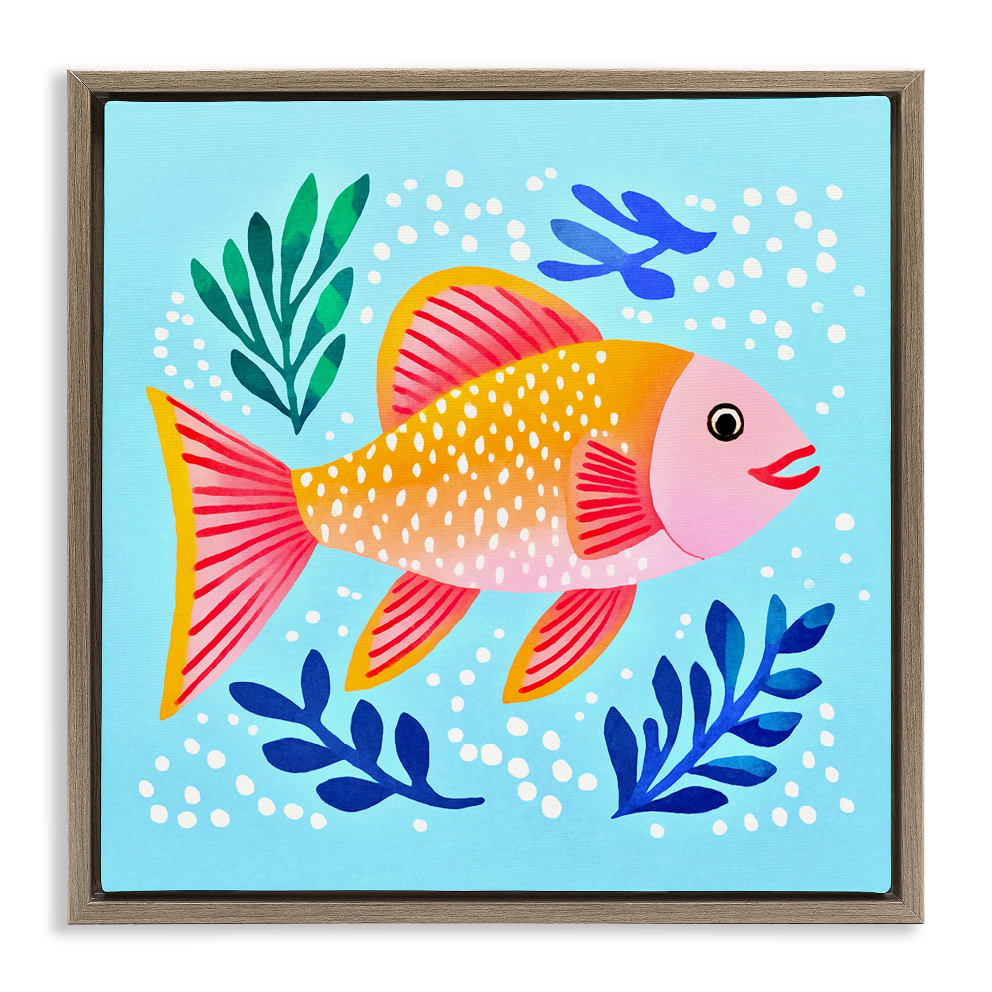 Stupell Industries Whimsical Fish & Seaweed Animals Painting Brown Floater Framed Canvas Art Print Wall Art, 25 x 25