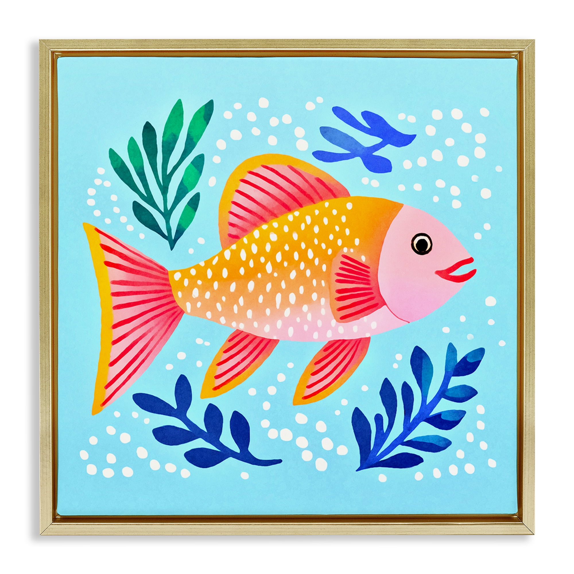 Stupell Industries Whimsical Fish & Seaweed Animals Painting Gold Floater Framed Canvas Art Print Wall Art, 18 x 18