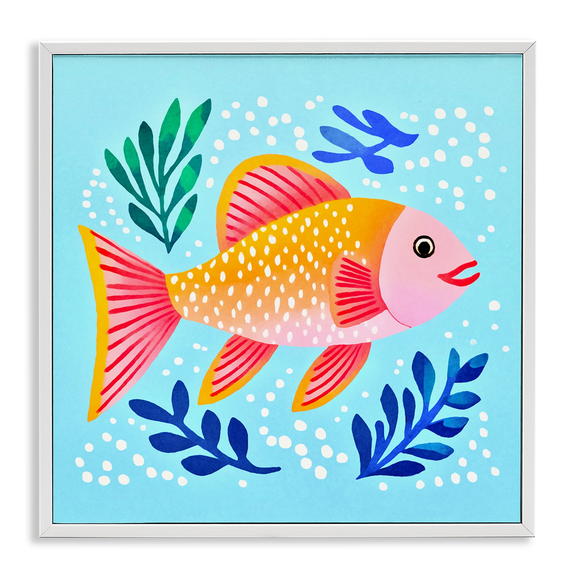 Stupell Industries Whimsical Fish & Seaweed Animals Painting White Framed Art Print Wall Art, 24 x 24