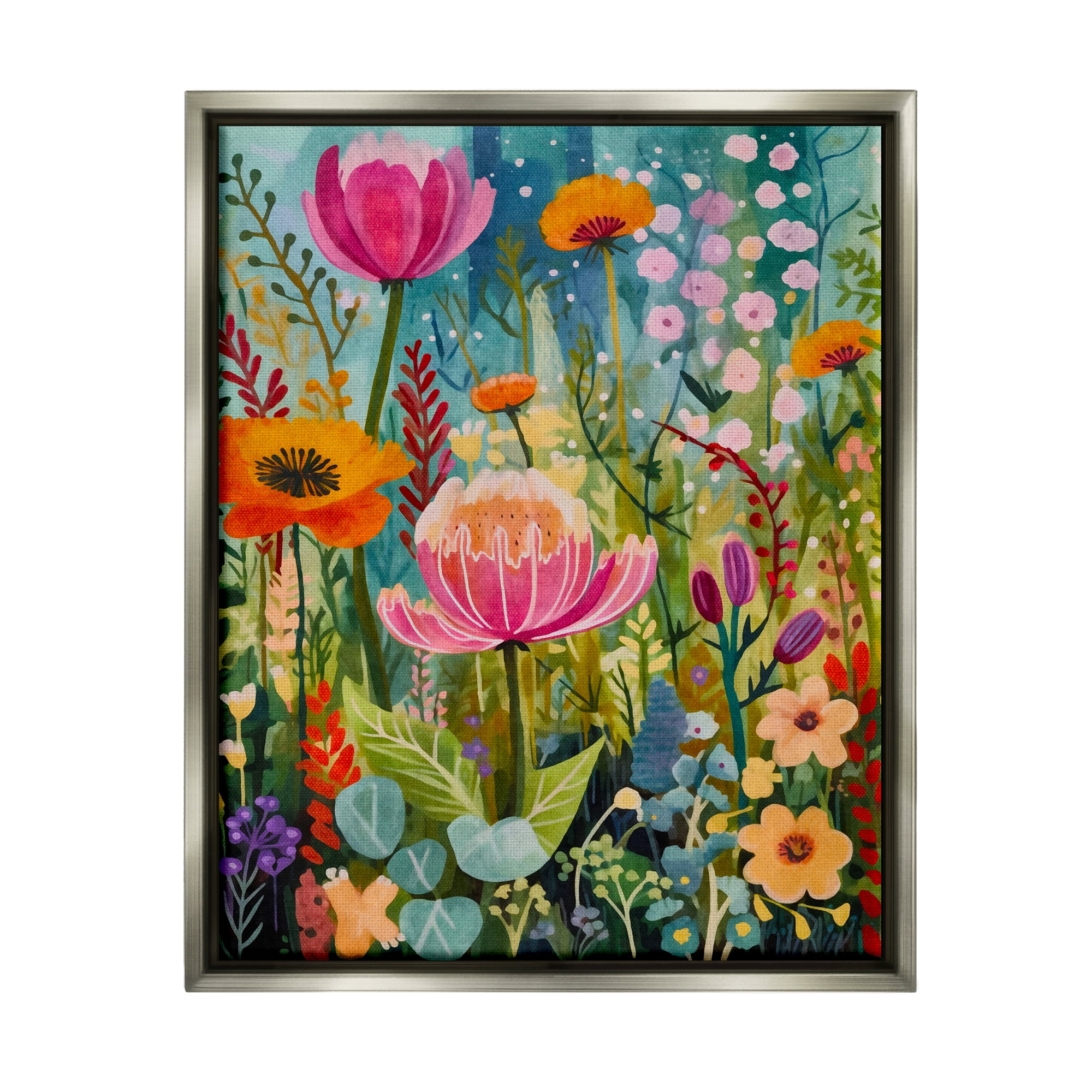 Stupell Industries Whimsical Floral Garden Botanical & Floral Painting Gray Floater Framed Art Print Wall Art, 17 x 21