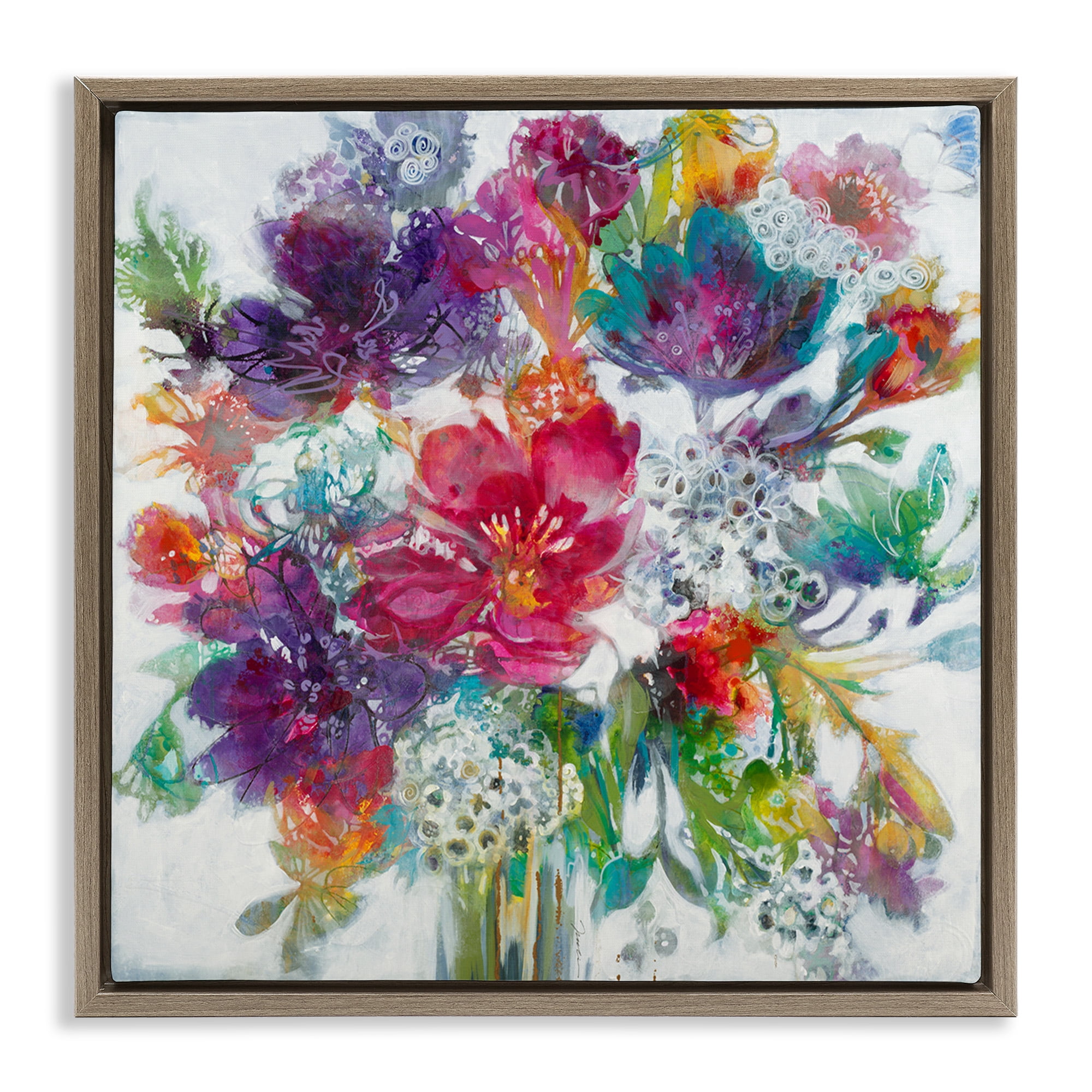 Stupell Industries Whimsical Floral Pop Bouquet Botanical & Floral Painting Brown Floater Framed Canvas Art Print Wall Art, 18 x 18