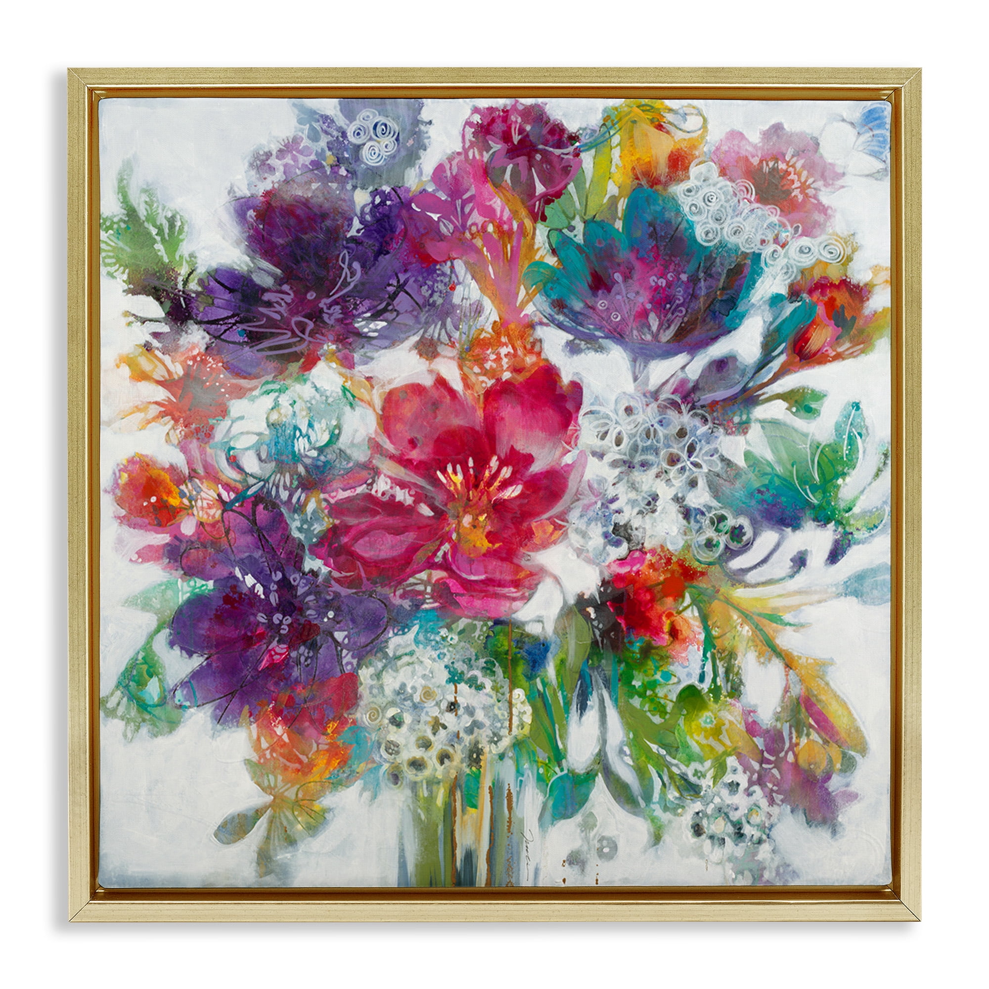 Stupell Industries Whimsical Floral Pop Bouquet Botanical & Floral Painting Gold Floater Framed Canvas Art Print Wall Art, 18 x 18