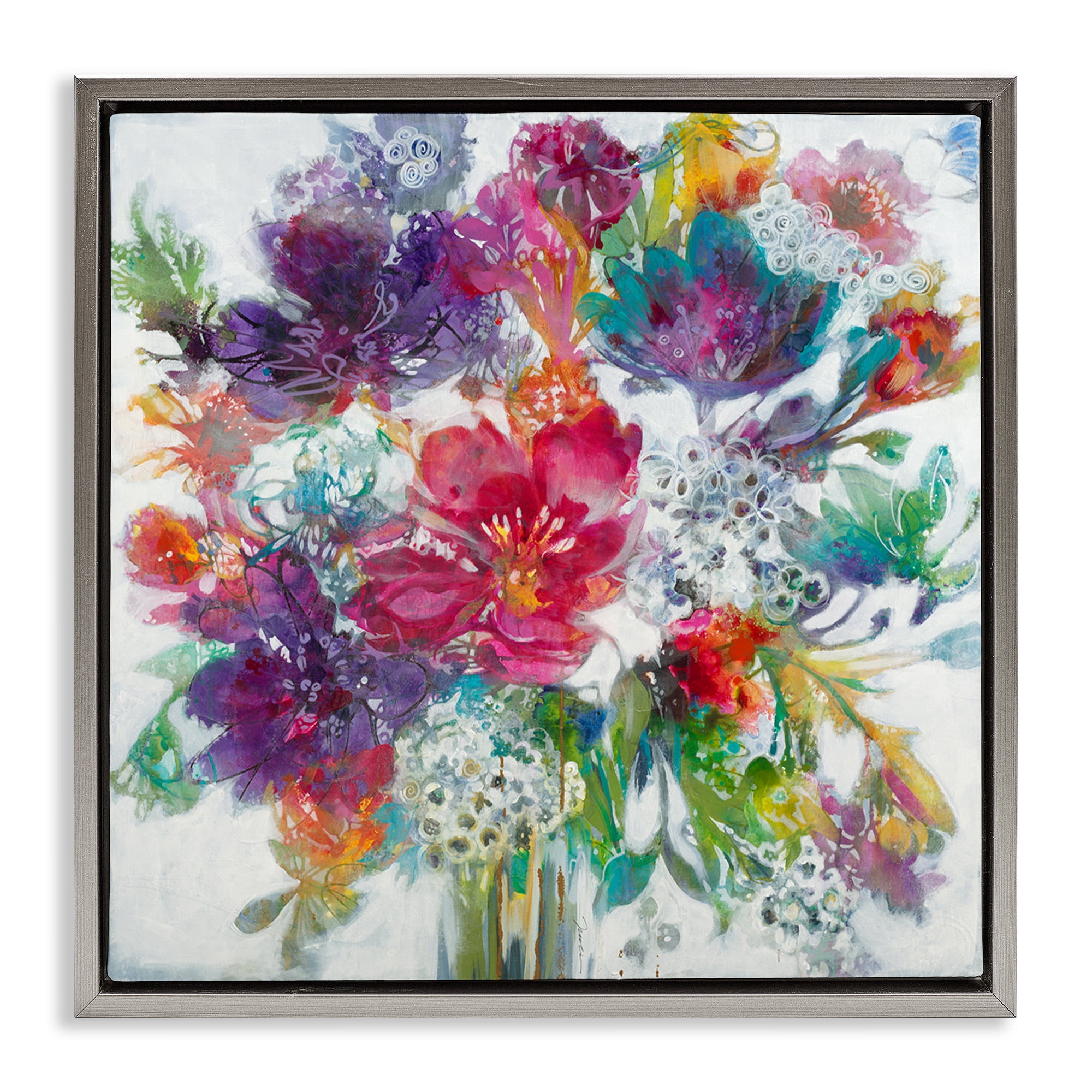 Stupell Industries Whimsical Floral Pop Bouquet Botanical & Floral Painting Gray Floater Framed Canvas Art Print Wall Art, 18 x 18