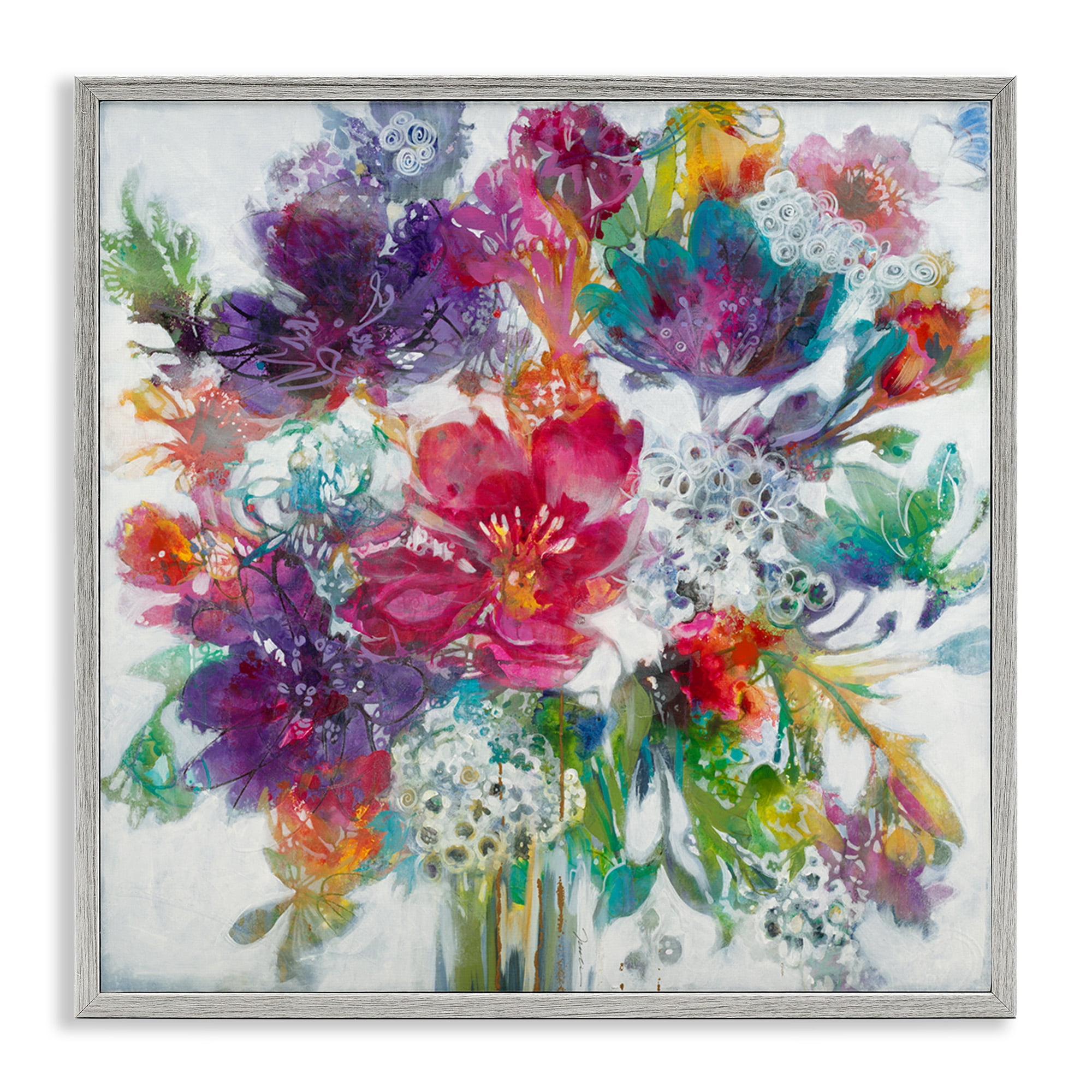Stupell Industries Whimsical Floral Pop Bouquet Botanical & Floral Painting Gray Framed Art Print Wall Art, 12 x 12