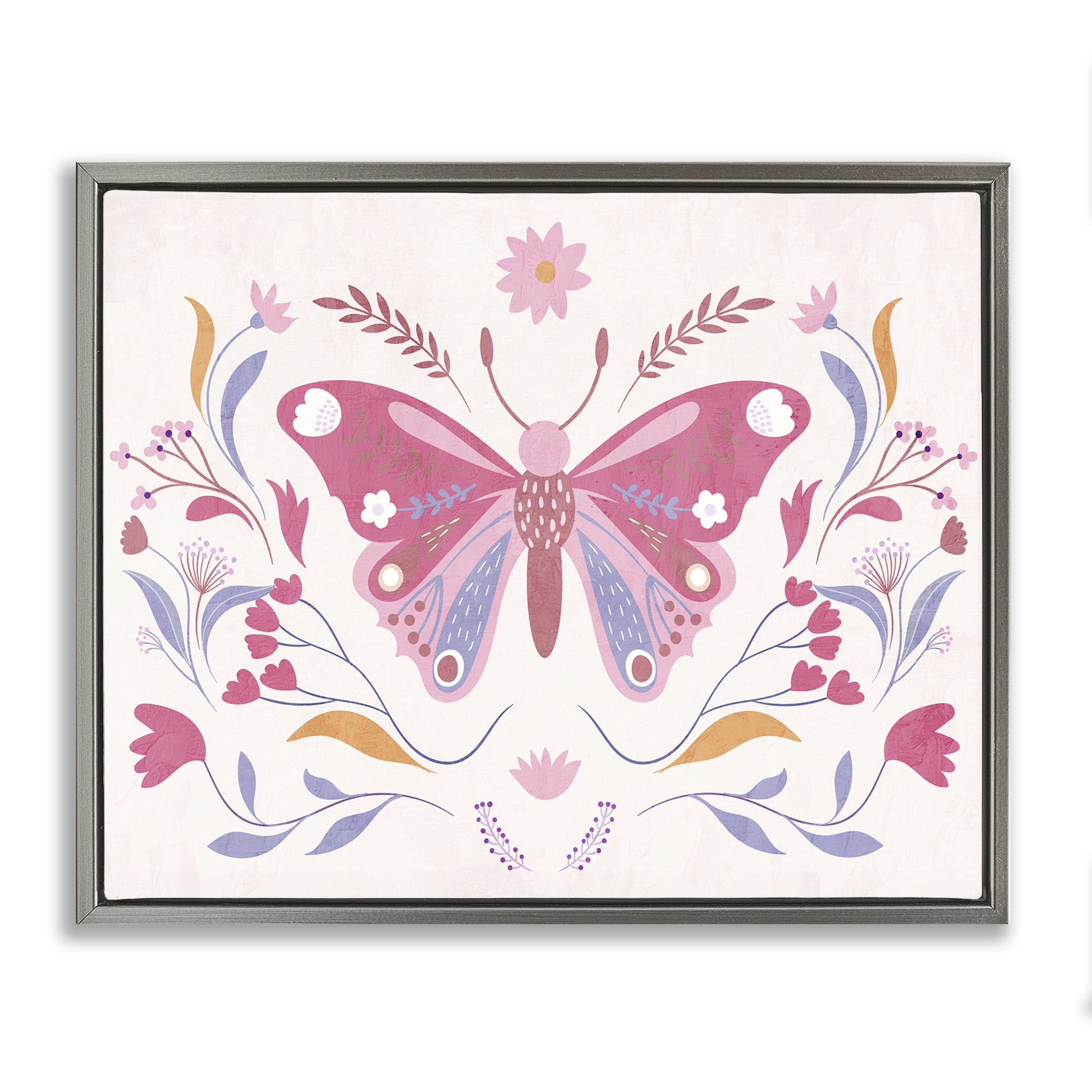 Stupell Industries Whimsical Folk Butterfly Gray Framed Floater Canvas Wall Art, design by Kim Allen