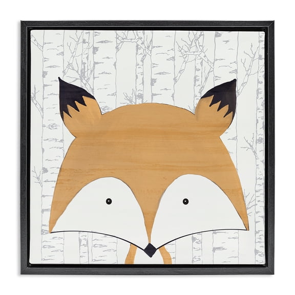 Stupell Industries Whimsical Fox on Birch Animals Painting Black Floater Framed Canvas Art Print Wall Art, 25 x 25